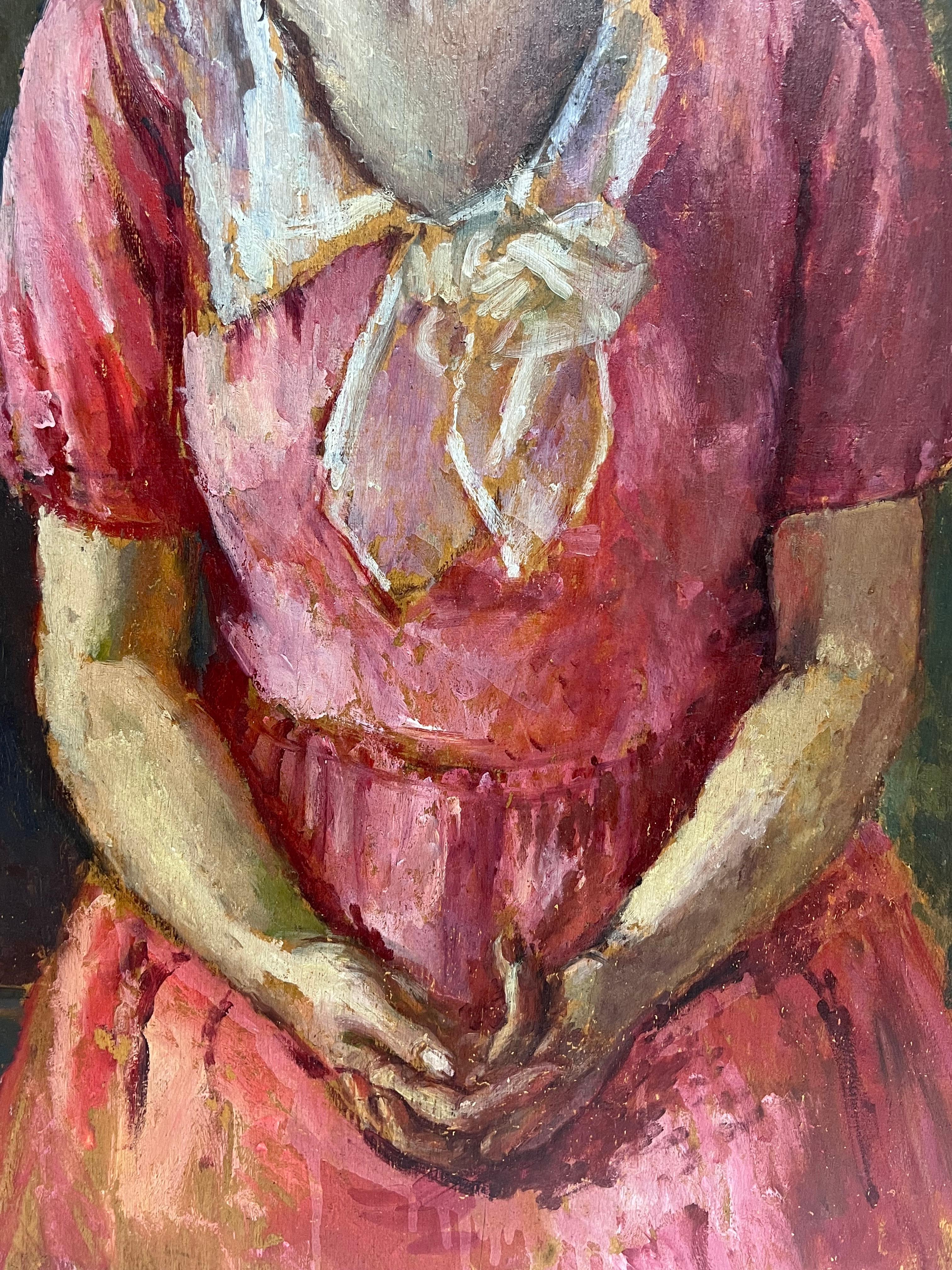 Sehr große 1930er Jahre Englisch Ölgemälde Holz Panel Porträt von Land Lady Pink im Angebot 4