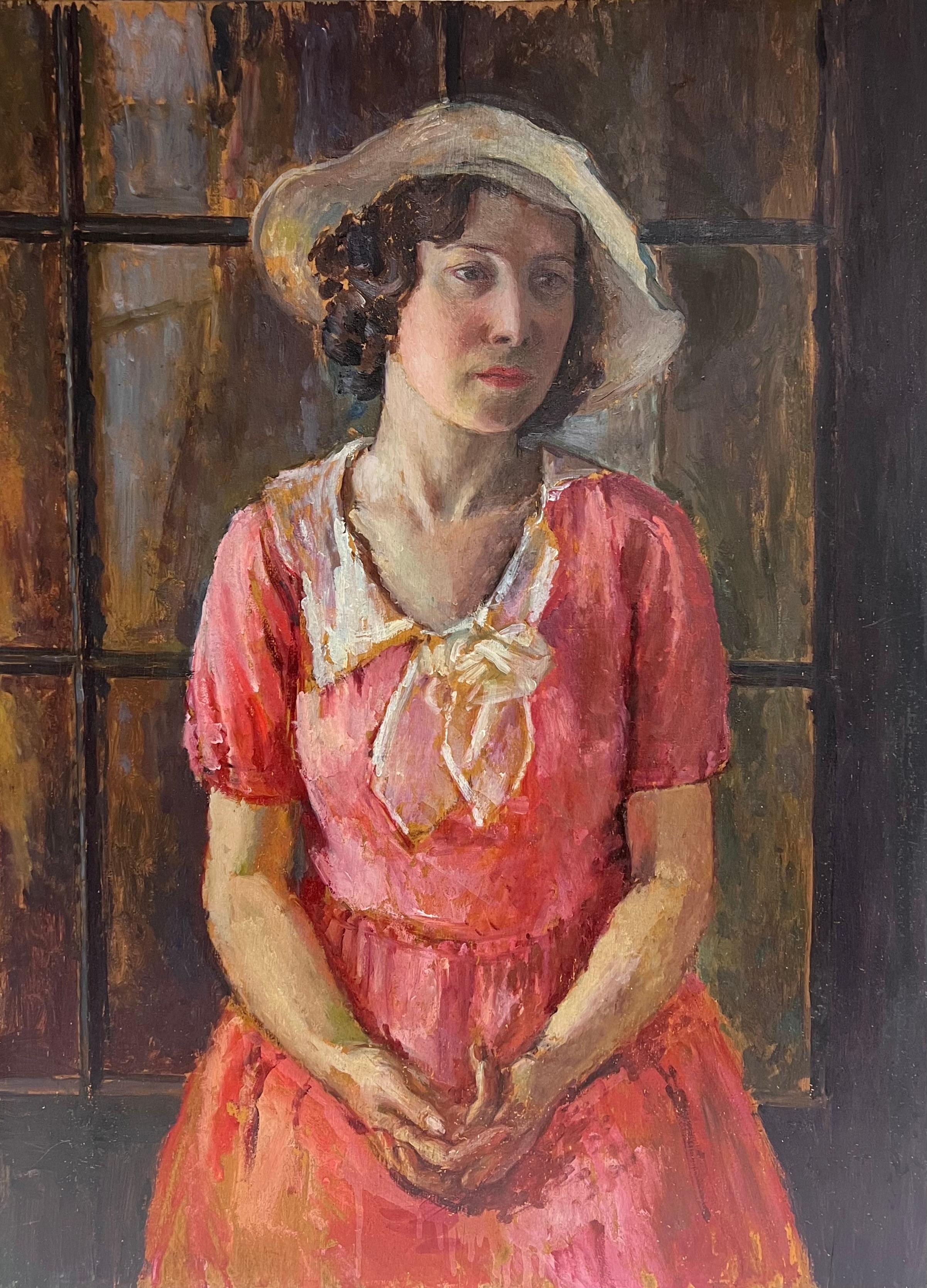 Très grande peinture à l'huile anglaise des années 1930 sur panneau Wood Wood Portrait d'une Country Lady Pink