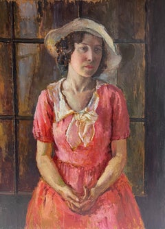 Antique Very large 1930's English Oil Painting Wood Panel Portrait of Country Lady Pink
