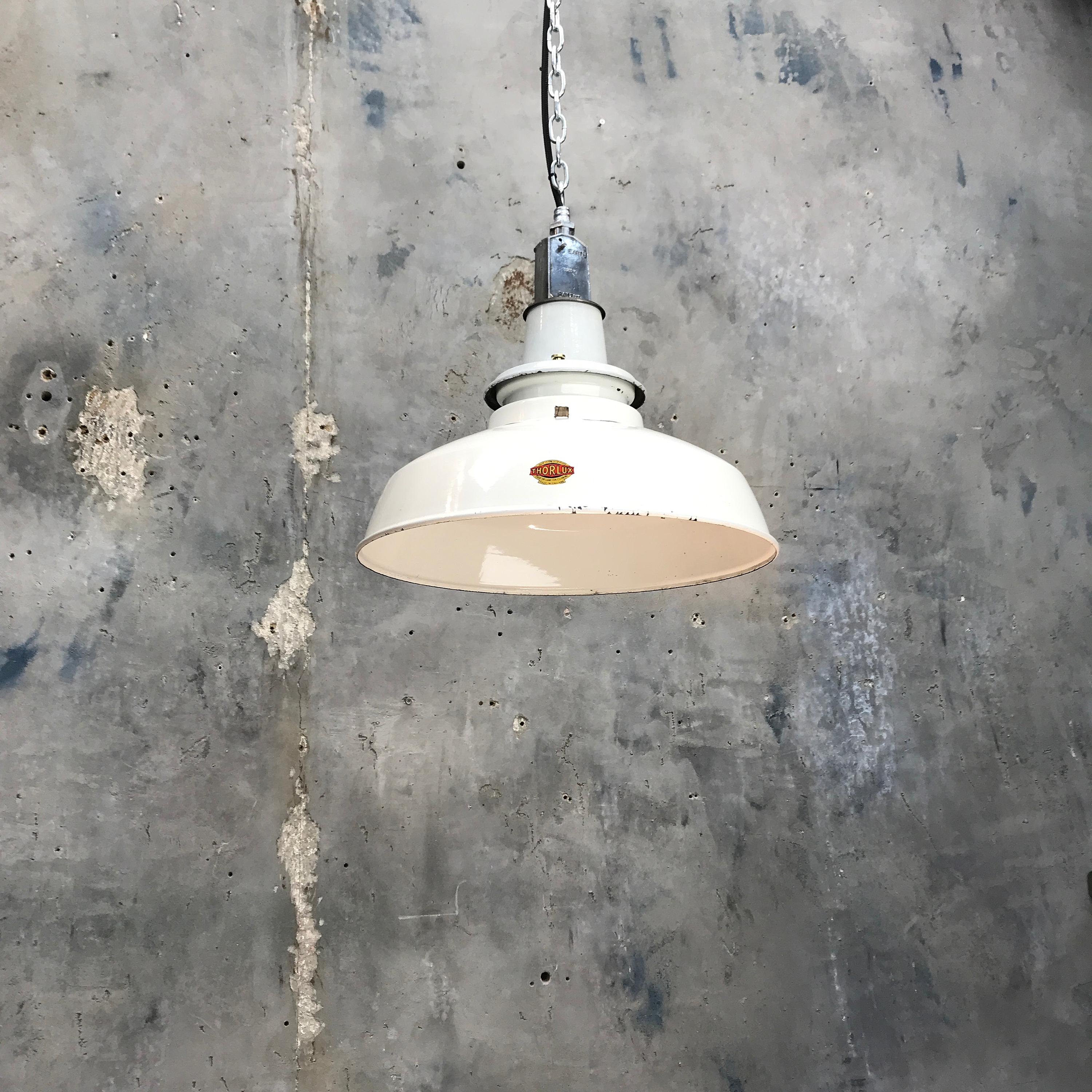 1930s British Thorlux White Enamel Vintage Industrial Factory Pendant Light 6