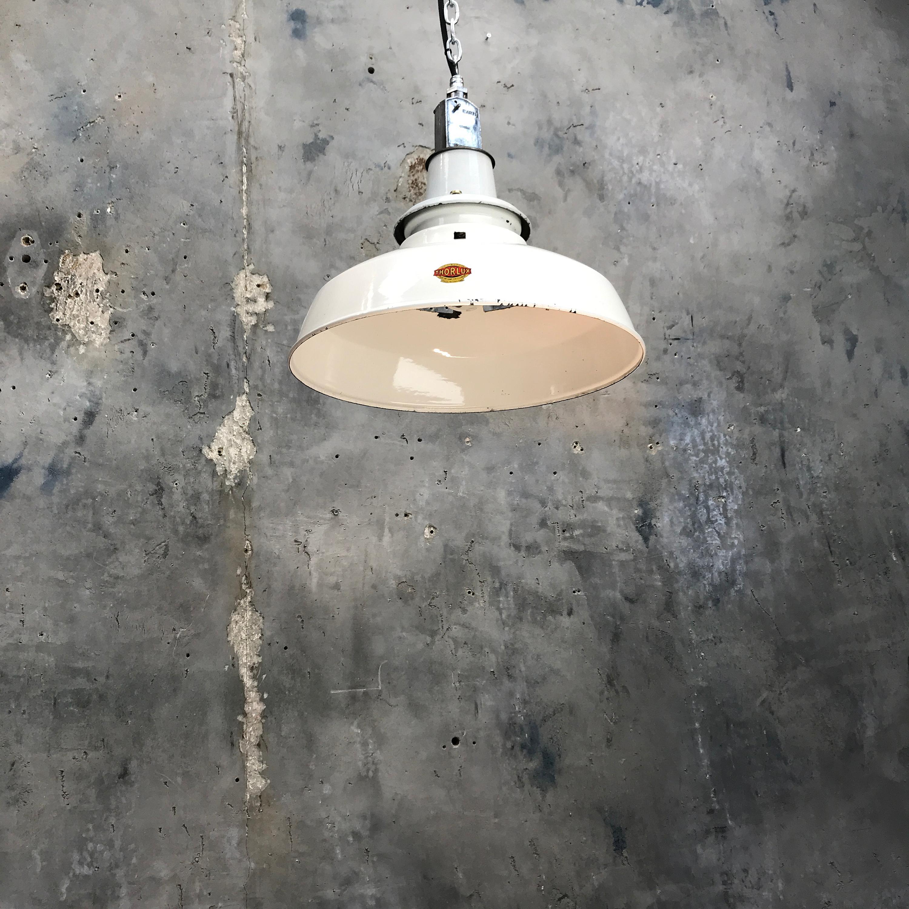 1930s British Thorlux White Enamel Vintage Industrial Factory Pendant Light 7