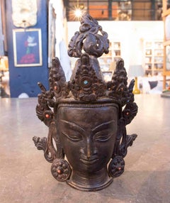 1930s Bronze Buddha Head with Ornate Crown and Stones