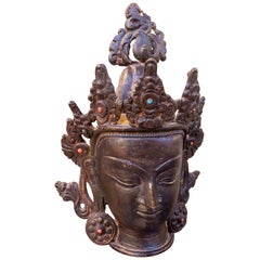 1930s Bronze Buddha Head with Ornate Crown and Stones