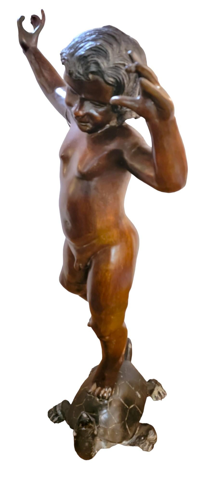 Mid-Century Modern 1930s Bronze Fountain Sculpture of Boy Riding A turtle For Sale
