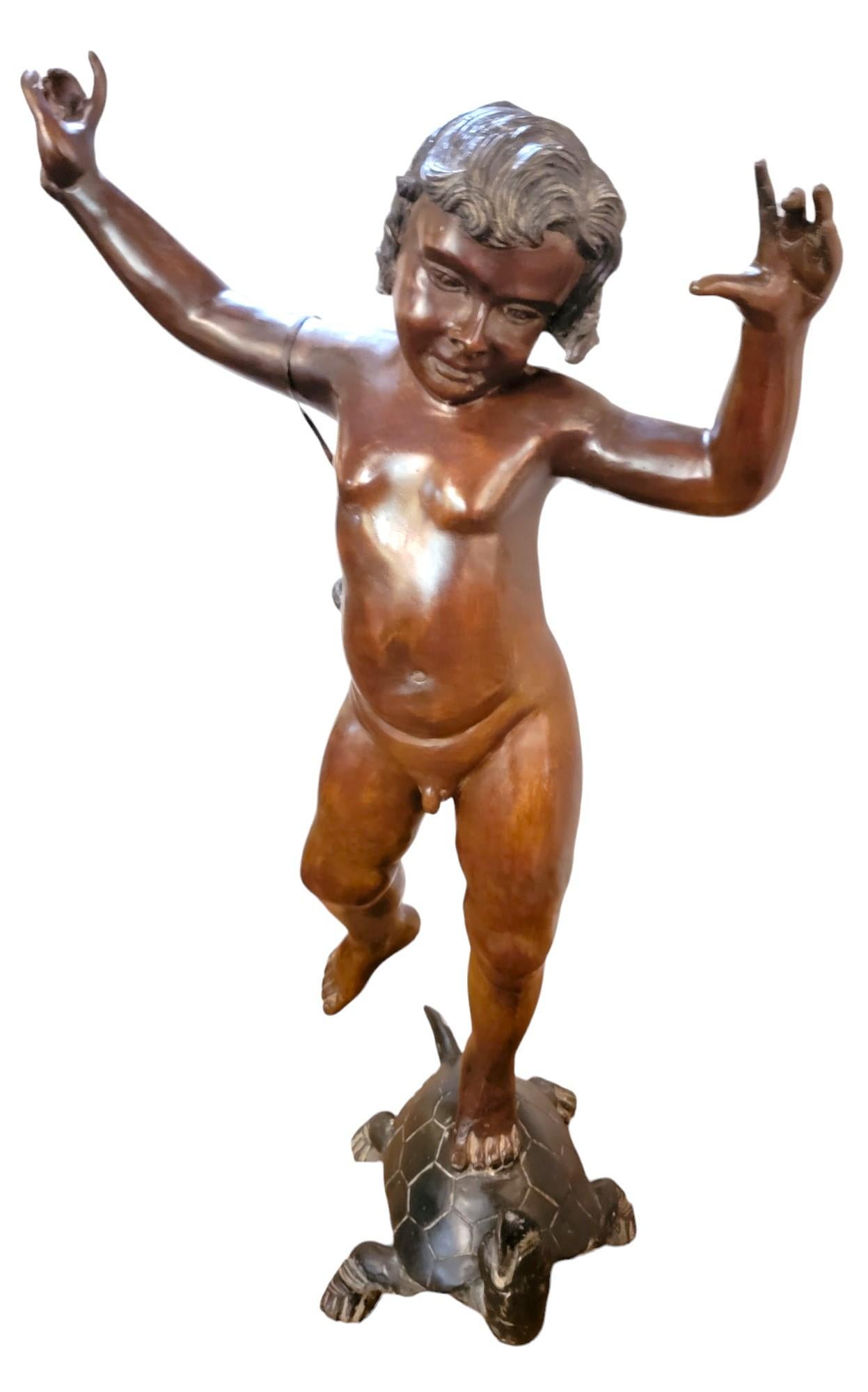 American 1930s Bronze Fountain Sculpture of Boy Riding A turtle For Sale