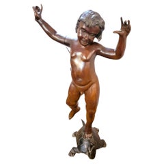 Used 1930s Bronze Fountain Sculpture of Boy Riding A turtle