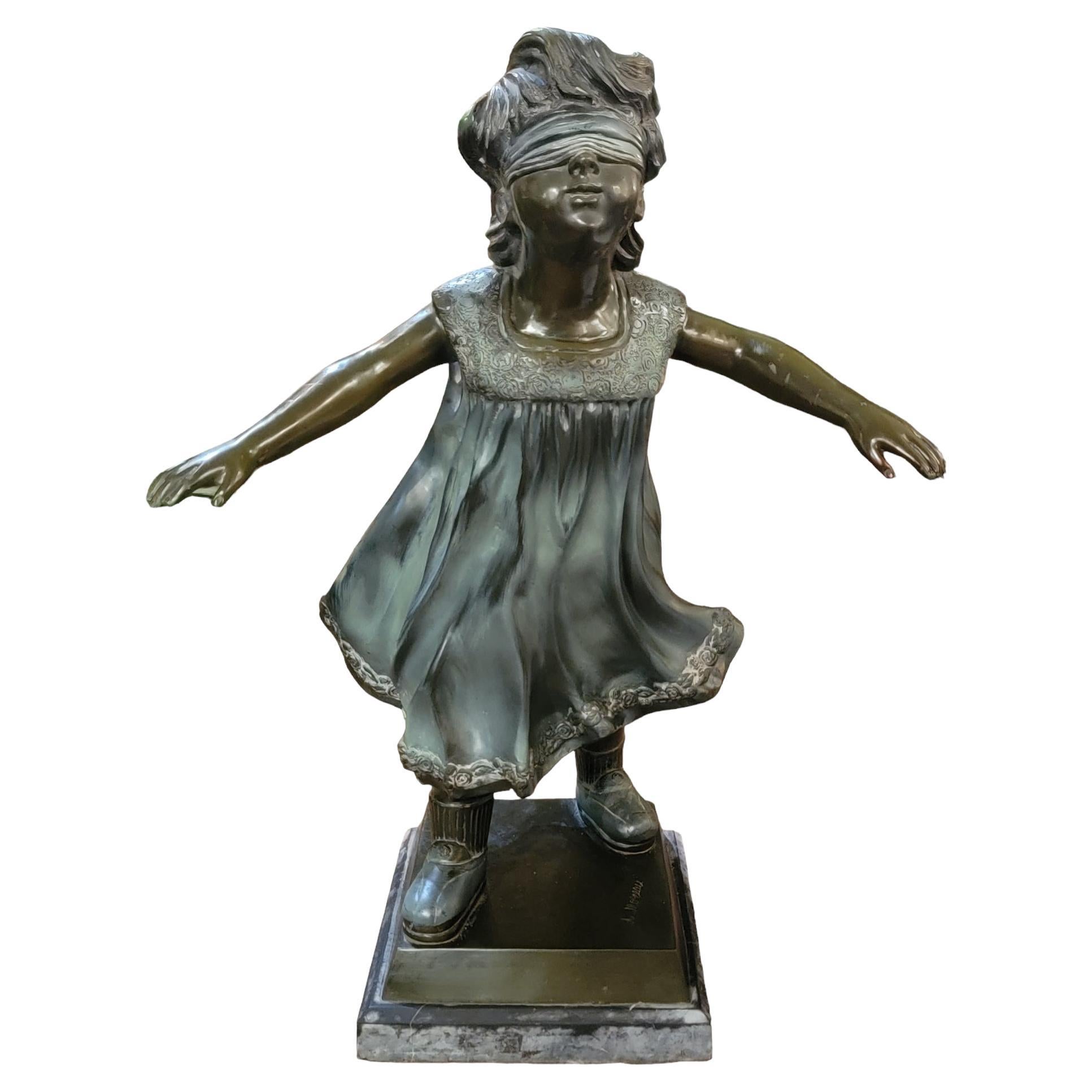 1930s Bronze Garden Sculpture of Girl Playing Marco Polo
