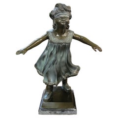 Antique 1930s Bronze Garden Sculpture of Girl Playing Marco Polo
