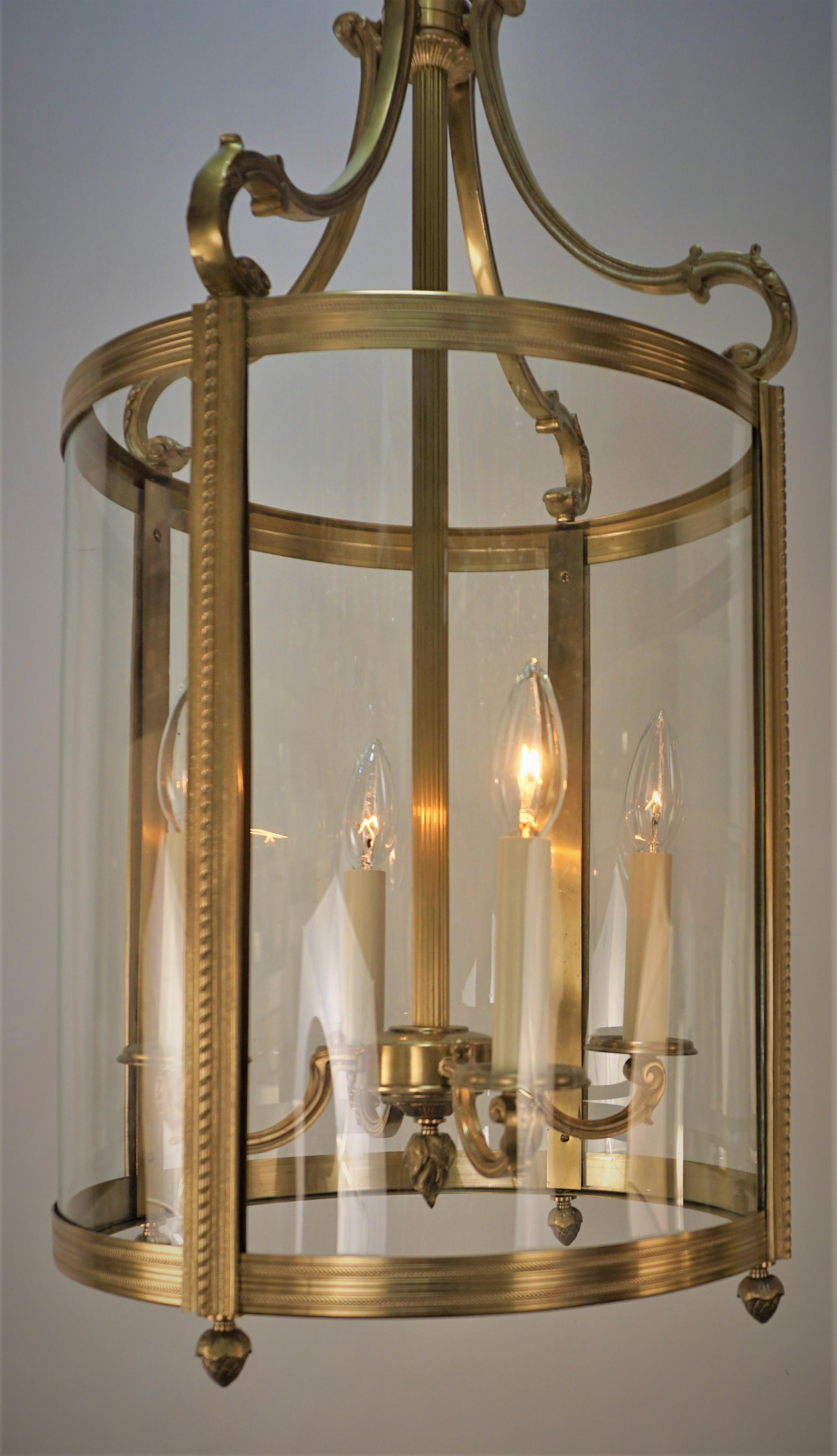 Originally crafted in France during the 1930's, this lantern was made by the world-renowned artists at Atelier Petitot. Featuring a beautiful bronze design, this four lights fixture is truly elegant.
Minimum height fully installed 34