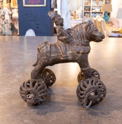 1930s Bronze Sculpture of a Horse and Rider on Wheels in a Tribal Style