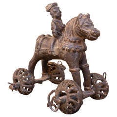 1930s Bronze Sculpture of a Horse and Rider on Wheels in a Tribal Style