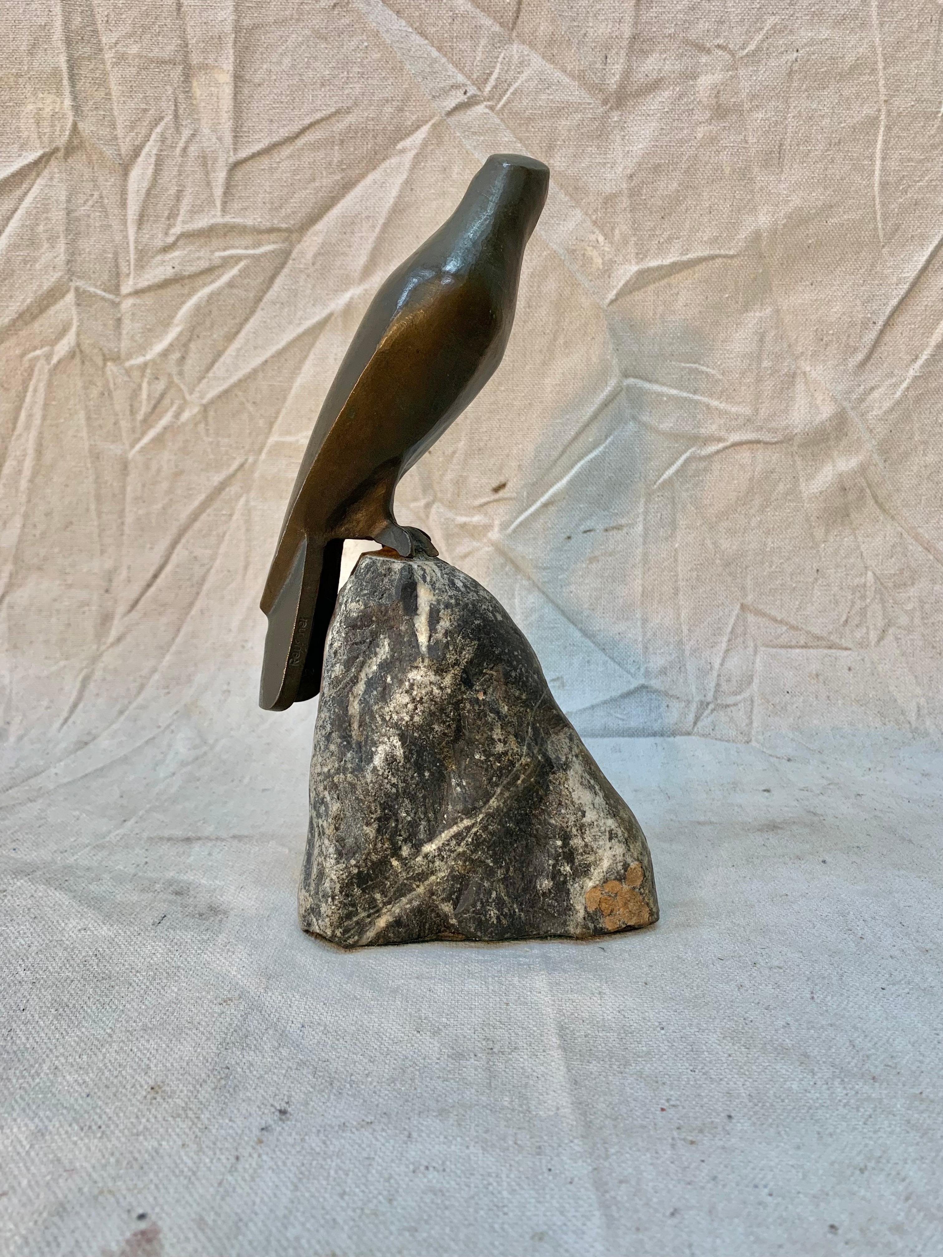 Hand-Crafted 1930s Bronze Sculpture of Falcon Seated on Granite by Charles Reussner