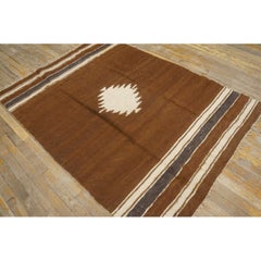 1930s Brown Antique Tribal Medallion Turkish Villge Kilim Mohair Flat-Weave Rug