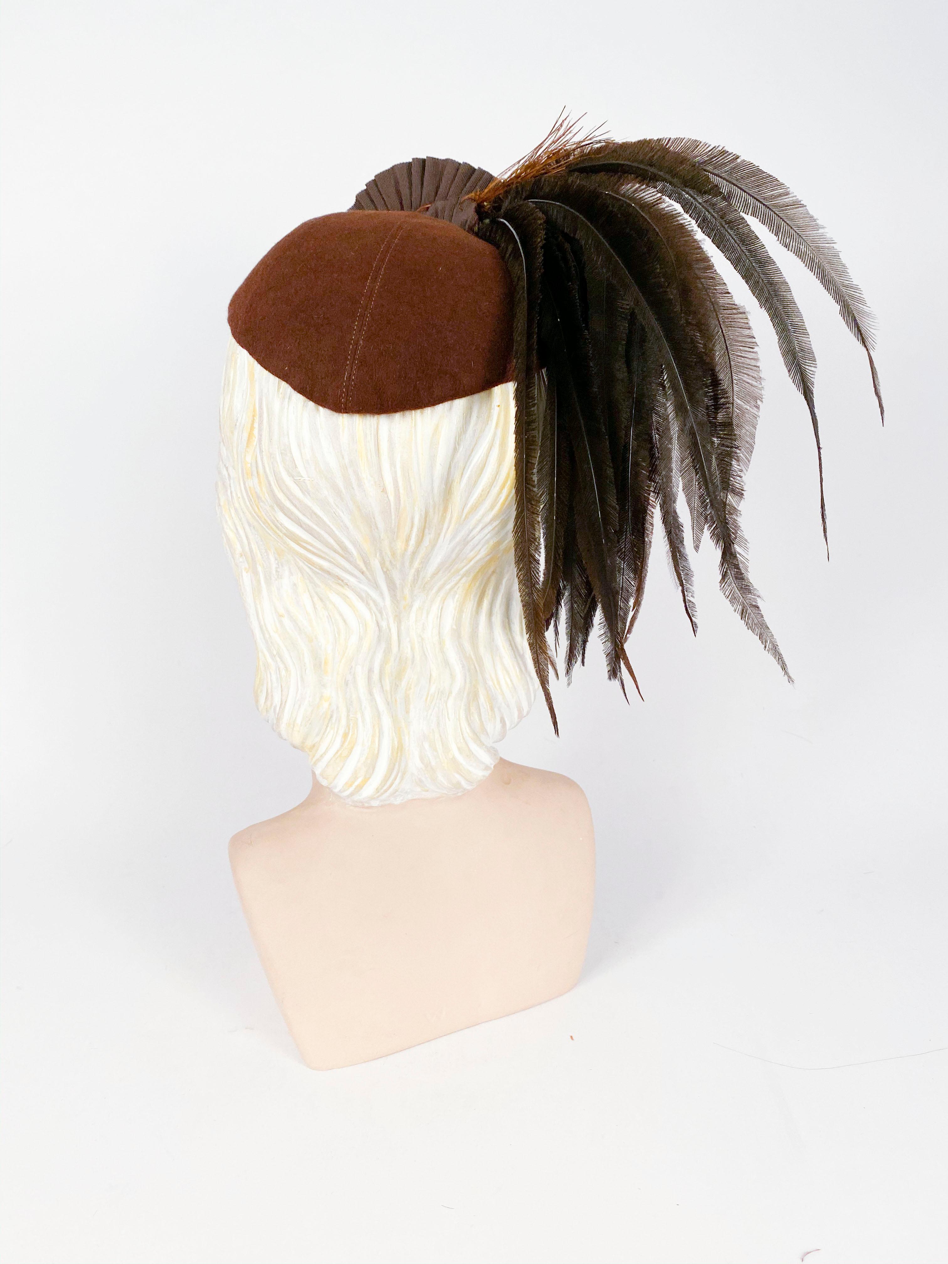 1930's Brown Beaver Fur Felt Hat with Ribbon, Feather, and Button Accent In Good Condition In San Francisco, CA