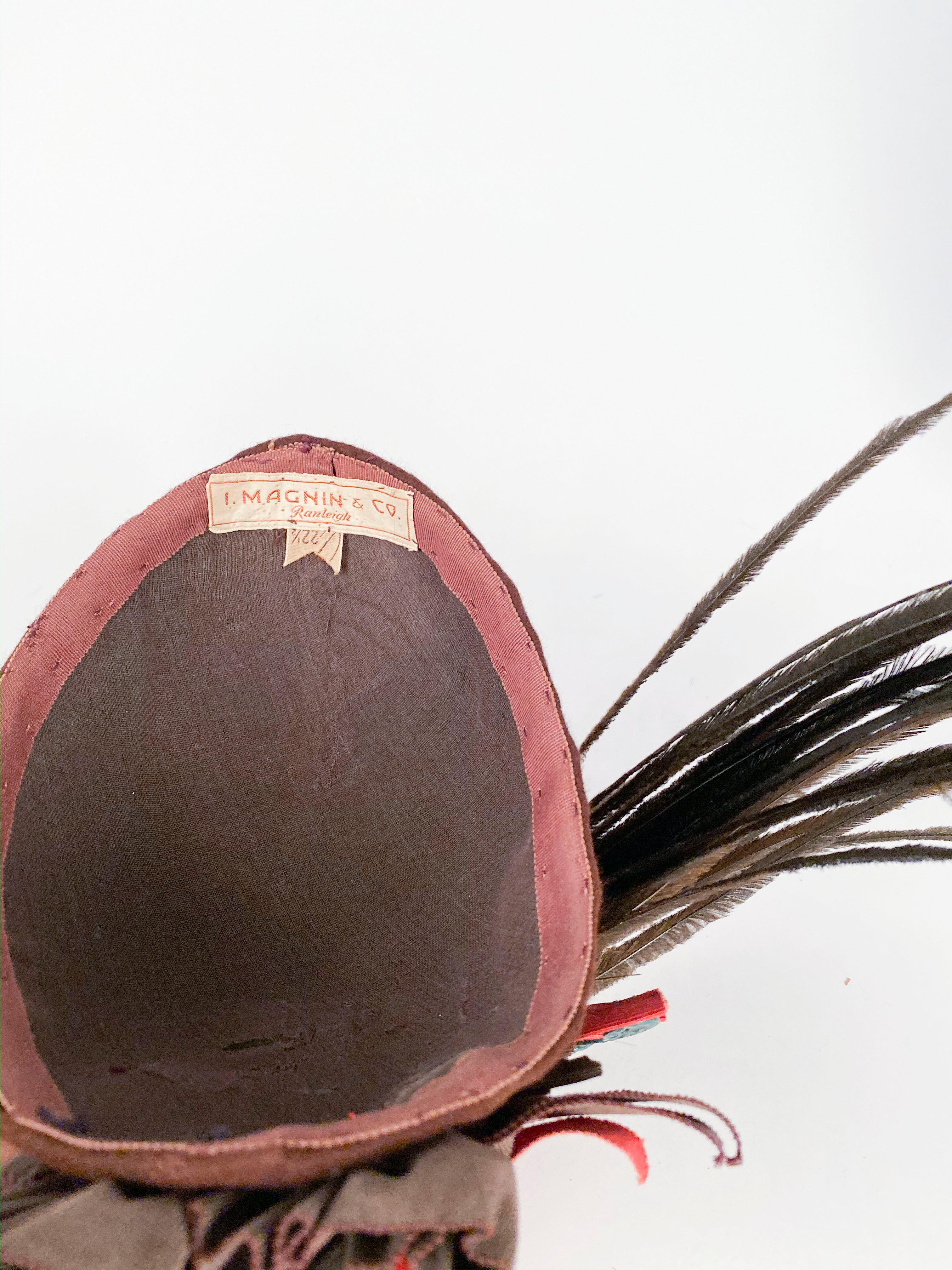 Women's 1930's Brown Beaver Fur Felt Hat with Ribbon, Feather, and Button Accent