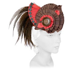 1930's Brown Beaver Fur Felt Hat with Ribbon, Feather, and Button Accent