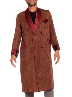 1930S Brown & Burgundy Paisley Rayon Jacquard Rare Button Robe With Silk Satin