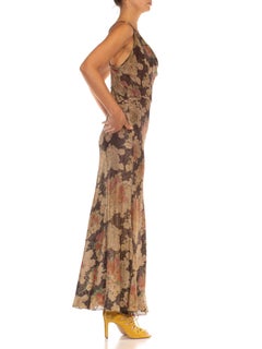 1930S Brown Cream & Pink Silk Lamé Cowl Bias Cut Gown