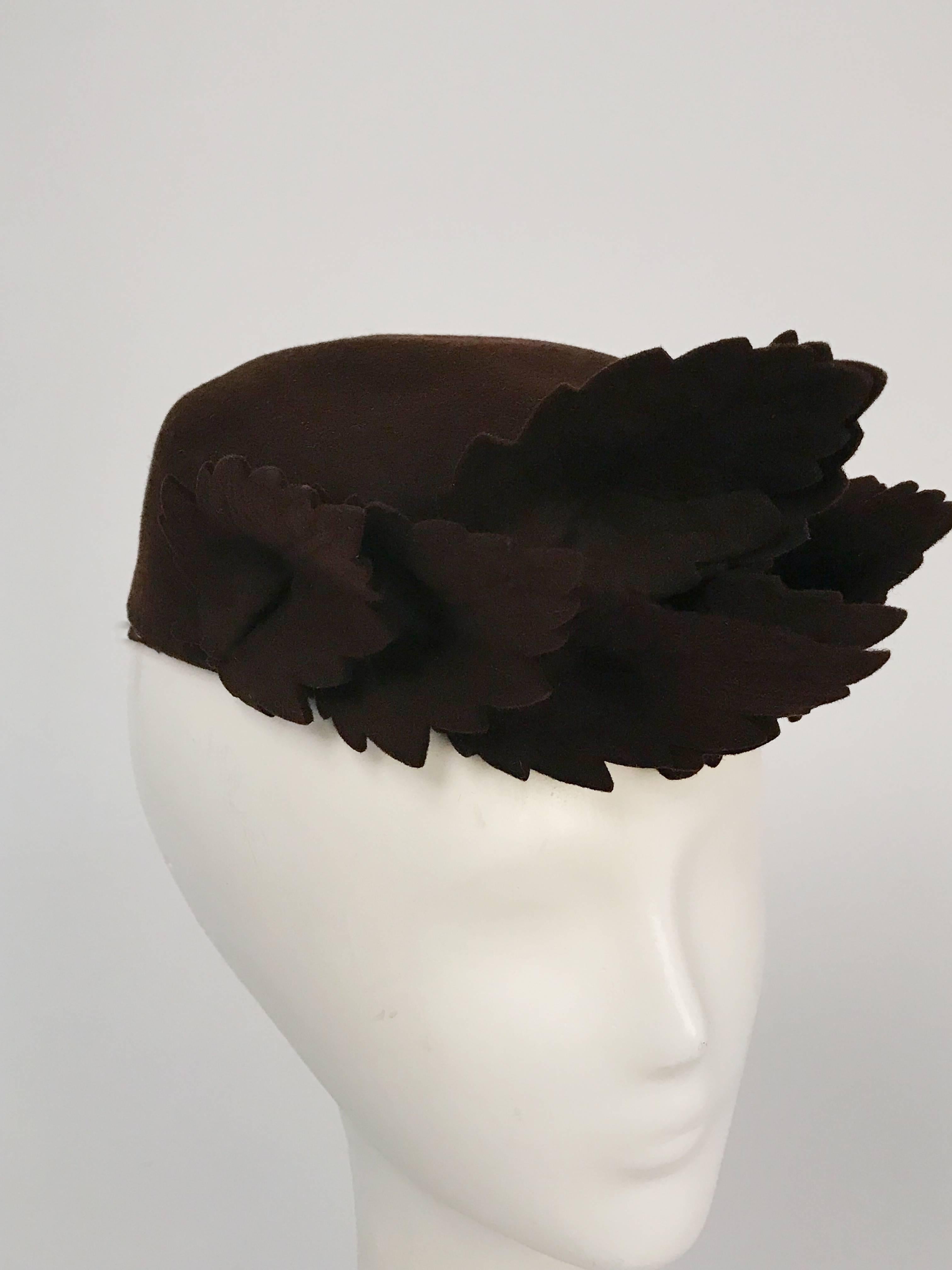 Gray Brown Leaf Embellished Wool Hat, 1930s  For Sale