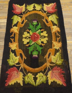 1930s Brown Medallion Folk Art Antique American Hooked Rug 2'6"x4'3" Wool Carpet