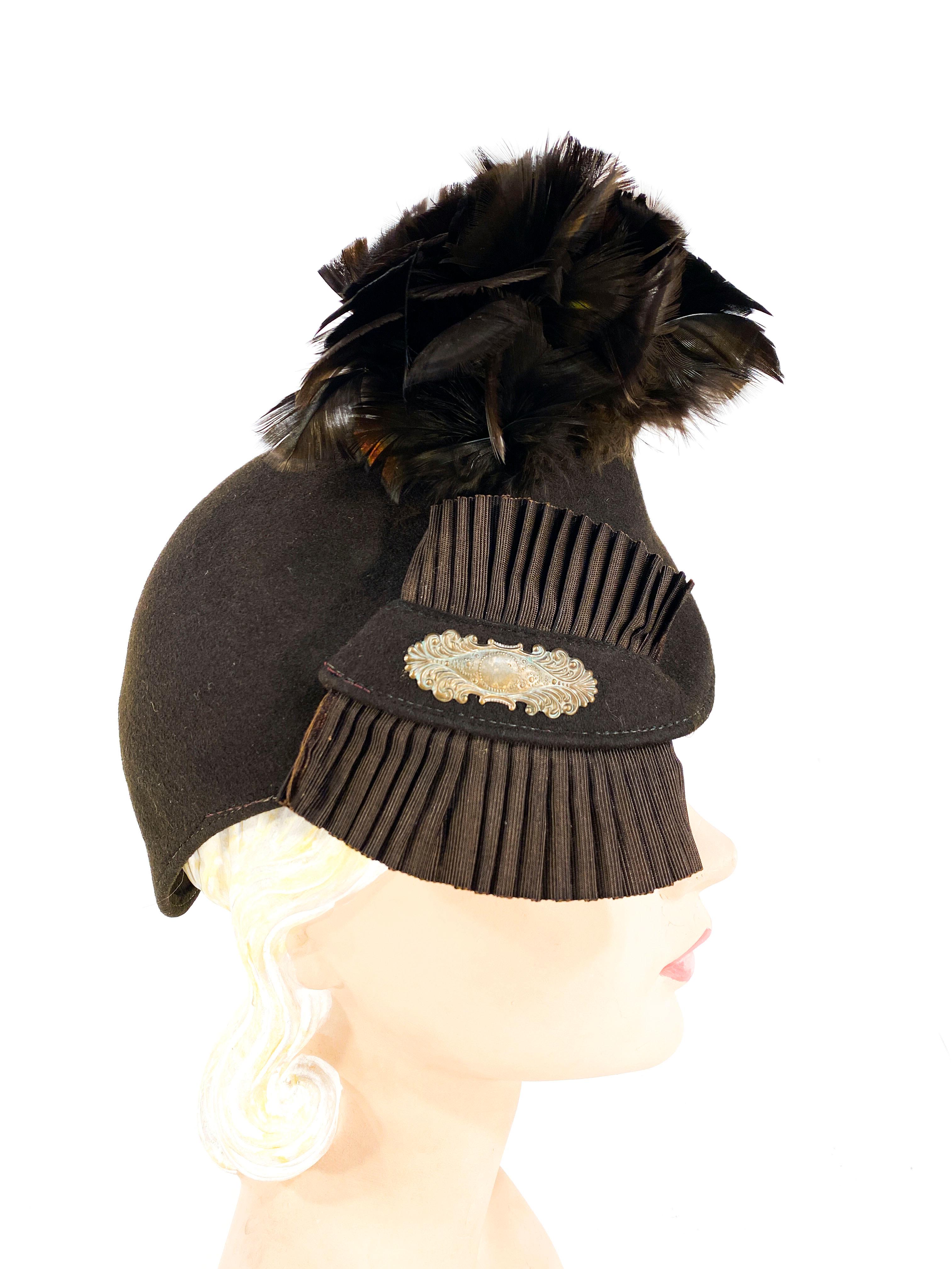 Gray 1930s Brown Sculpted Felt Hat with Feather and Ribbon Accents For Sale