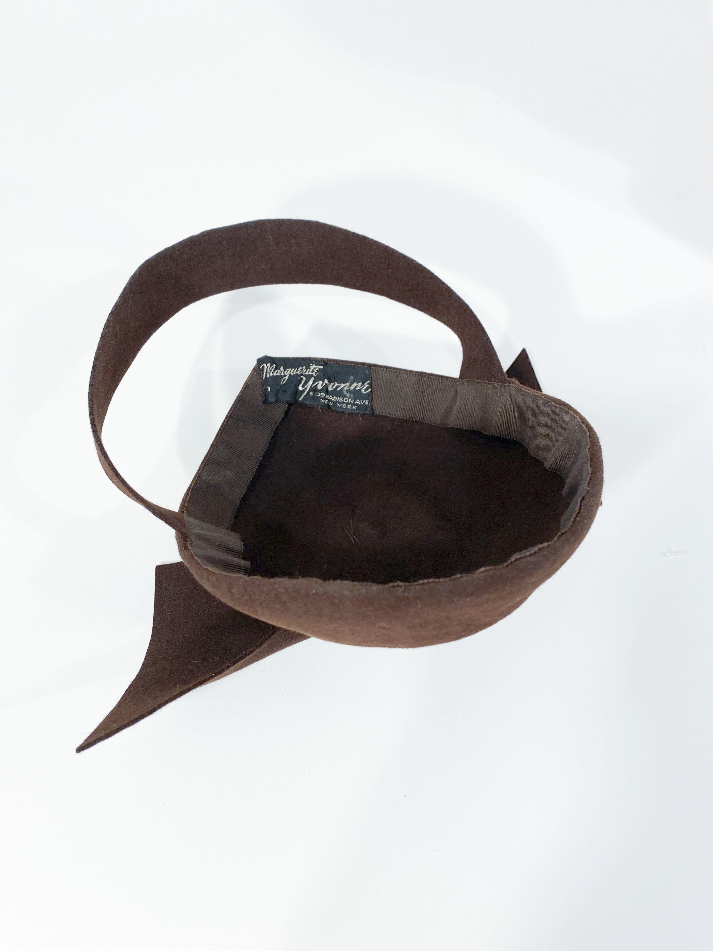 1930s Brown Sculpted Felt Perch Hat with Enlarged Bow 1