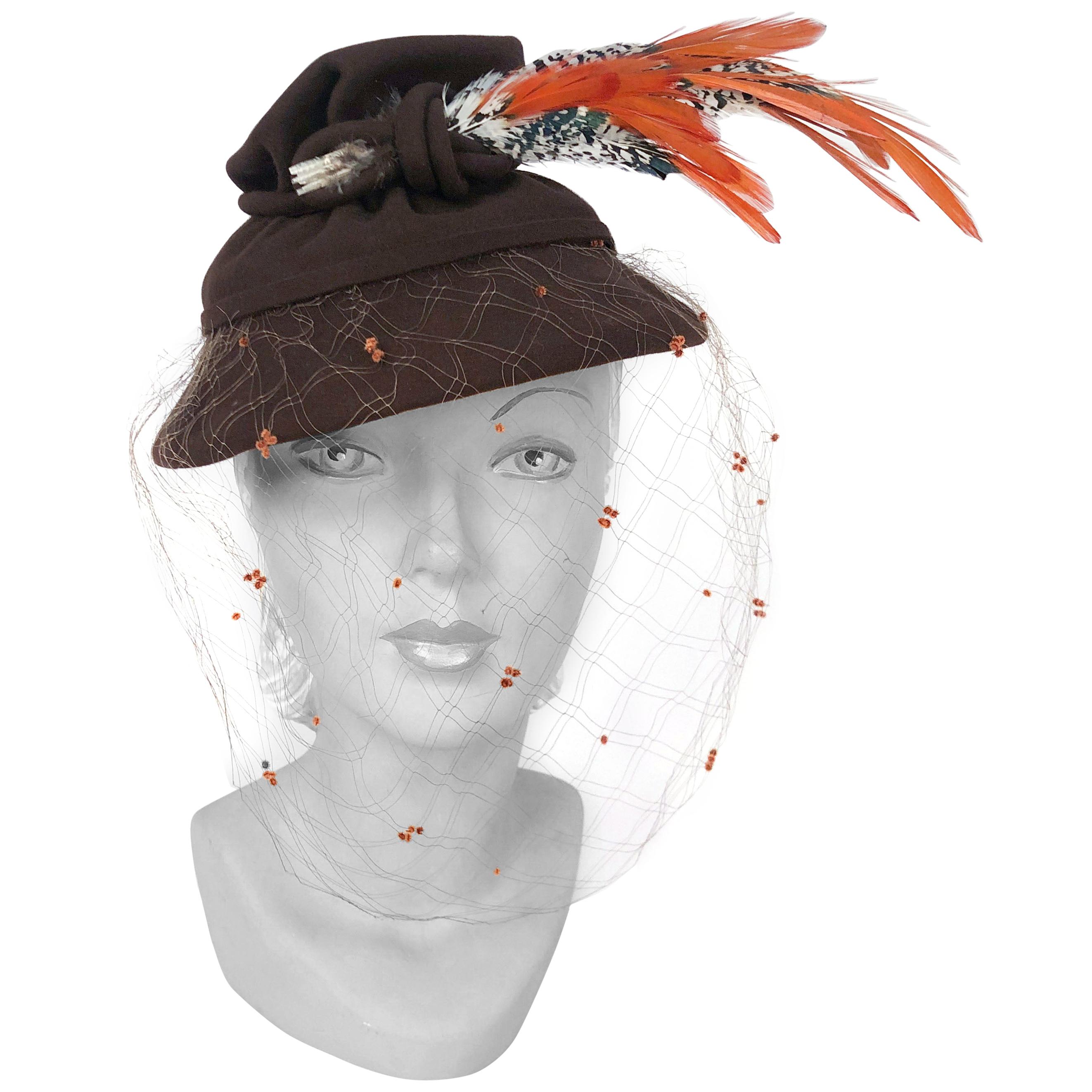 1930s Brown Sculpted Fur Felt Hat with Feathers and Full Veil