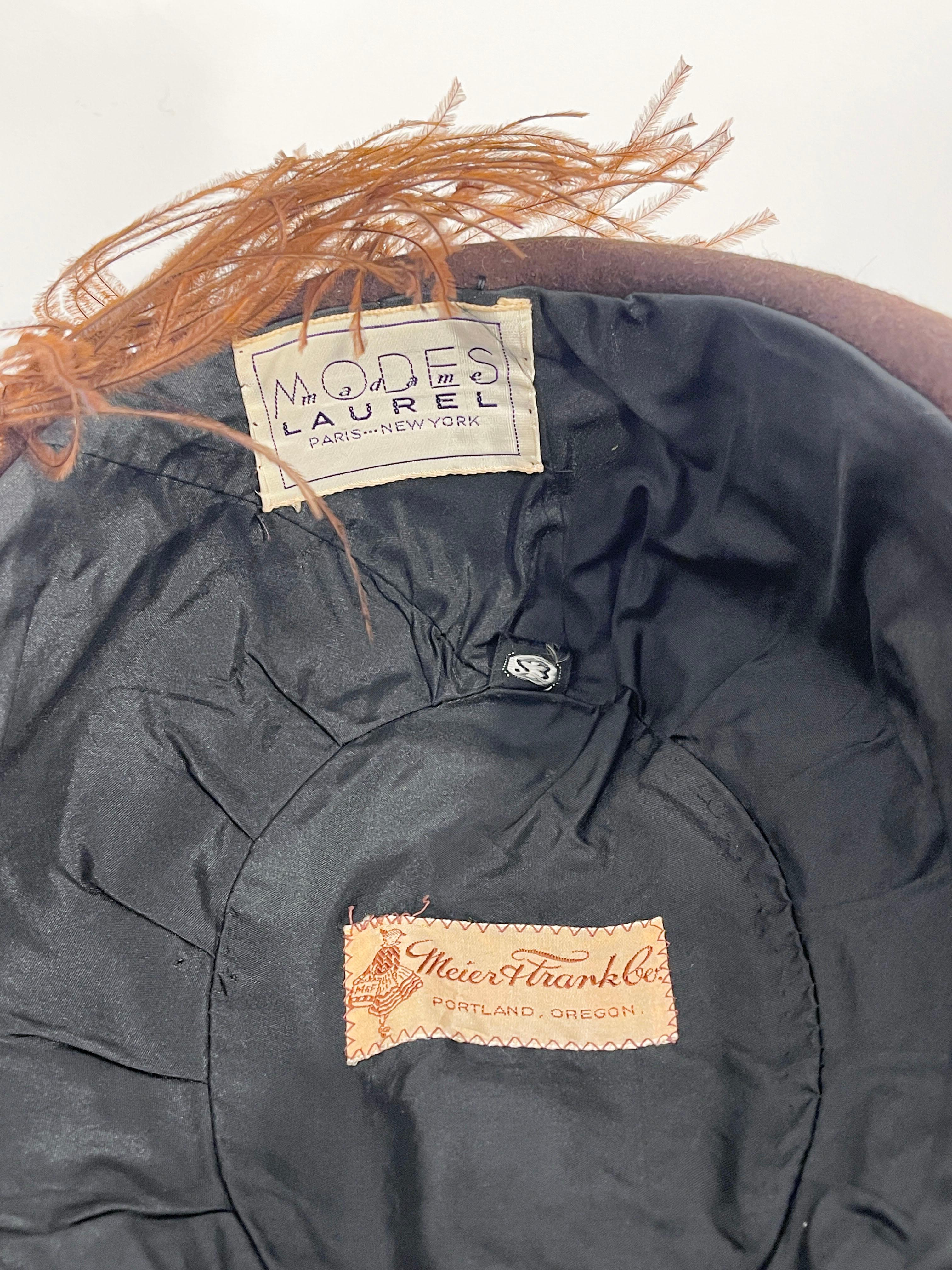 1930s Brown Wool and Velvet Hat with Feather Decoration For Sale 2