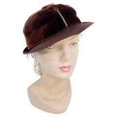 Vintage 1930s Brown Wool and Velvet Hat with Feather Decoration