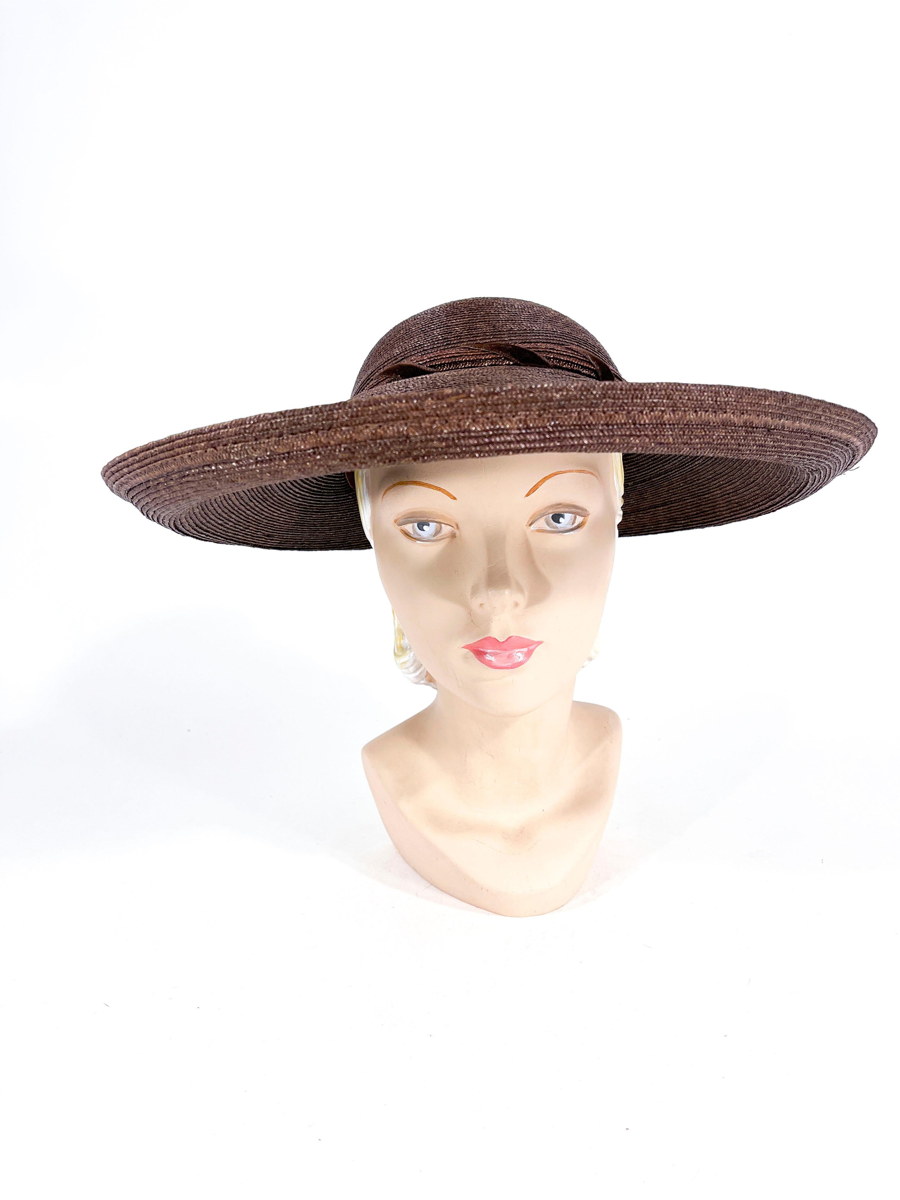 Gray 1930s Brown Woven Straw Picture Sun Hat For Sale