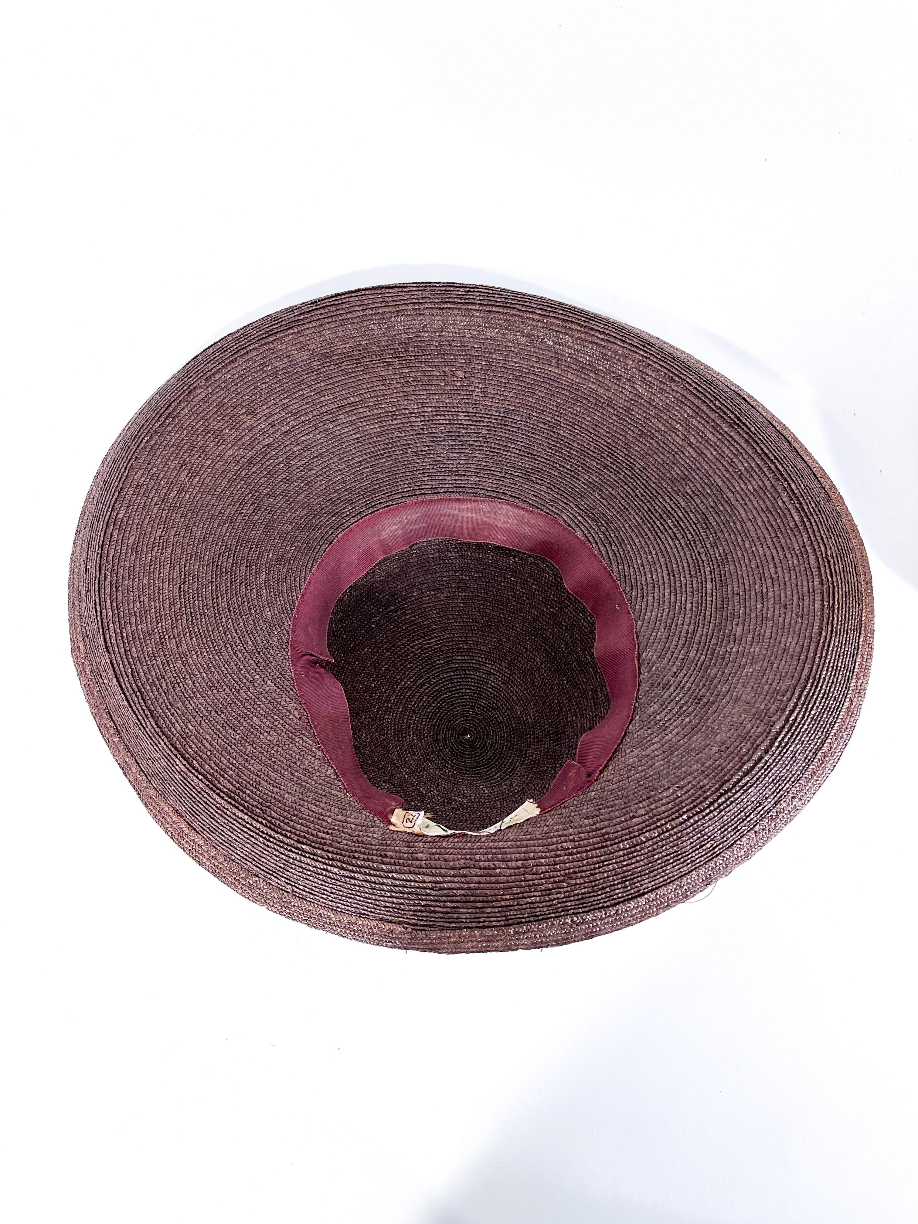 Chapeau de soleil des années 1930 en paille tressée Brown en vente 1