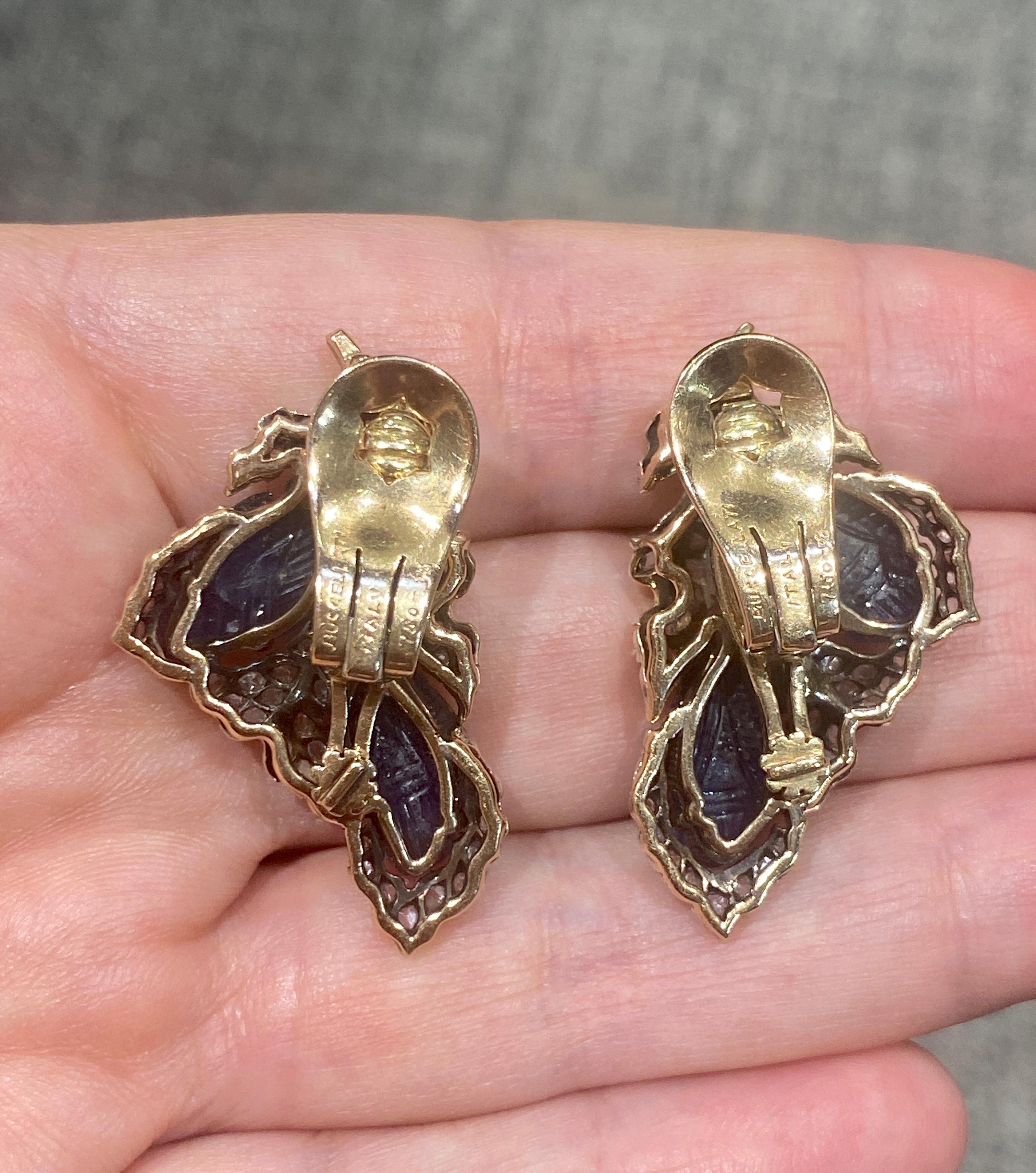 Art nouveau Boucles d'oreilles Buccellati des années 1930 avec saphirs de Ceylan gravés non chauffés et diamants