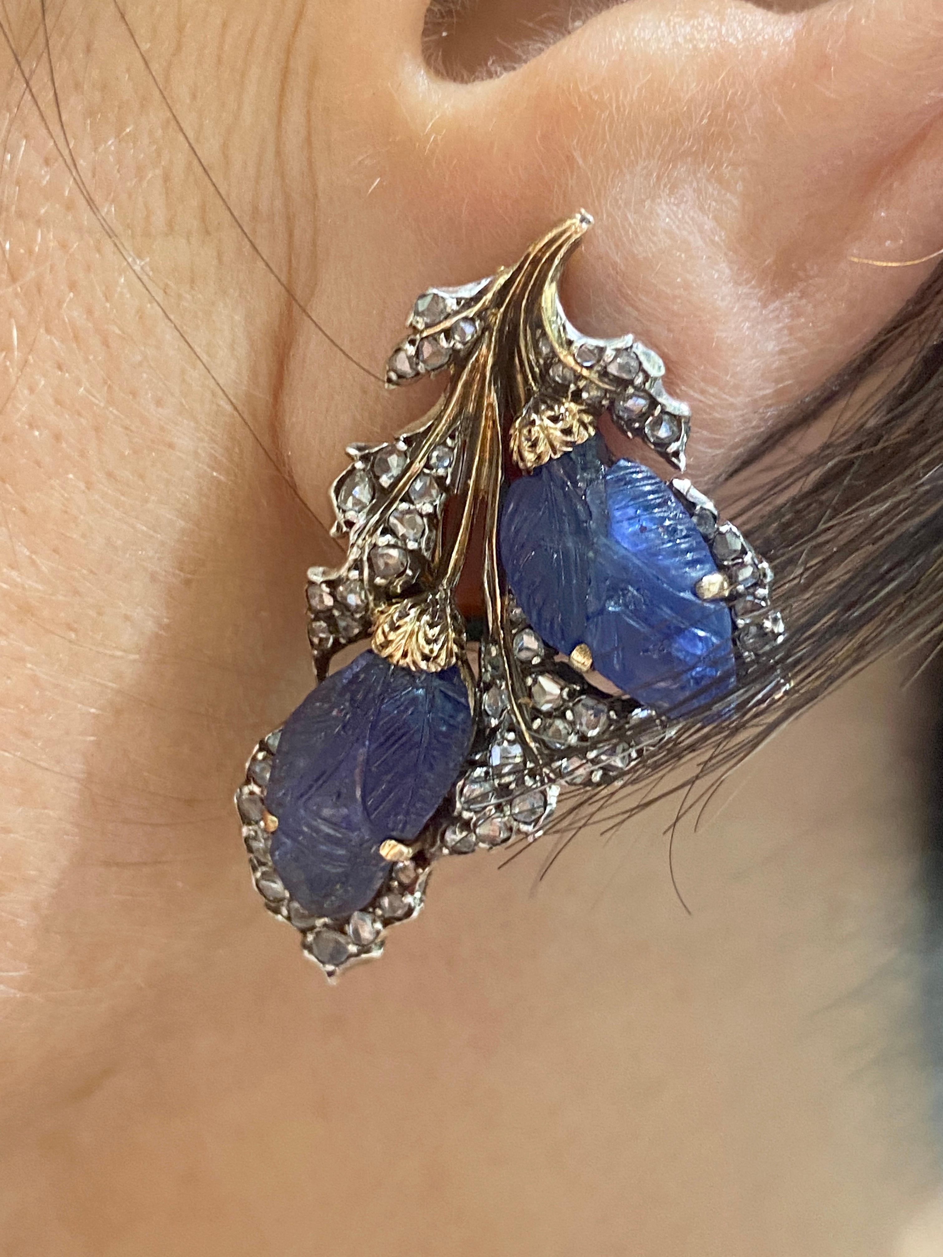 Boucles d'oreilles Buccellati des années 1930 avec saphirs de Ceylan gravés non chauffés et diamants Bon état à London, GB