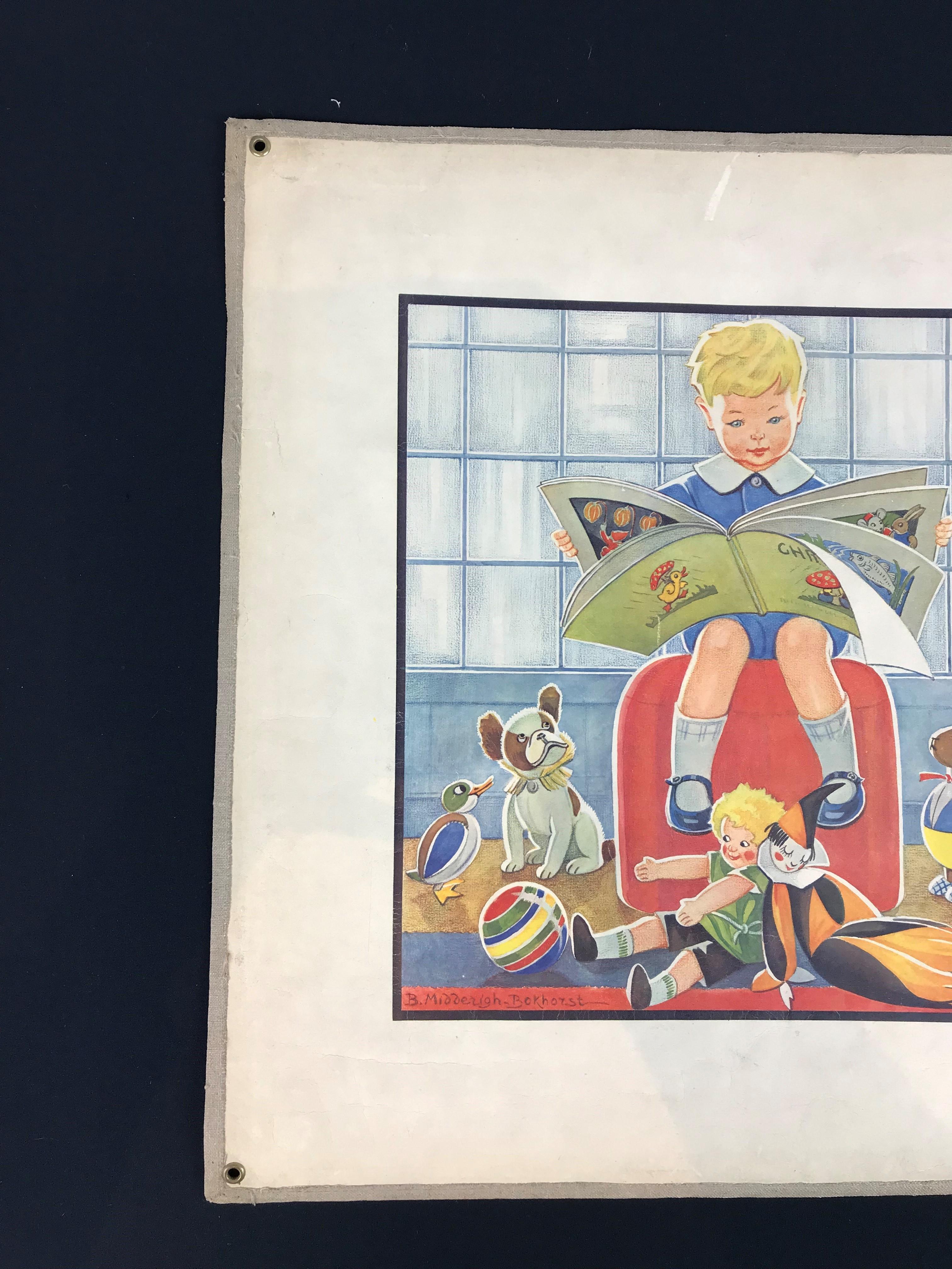 1930s Educational school chart with a boy reading a picture book. 
He's surrounded by all his beautiful antique toys: 
a great stuffed French Bulldog toy, harlequin dolls, penguin, ball etc ....
This vintage school poster is still originally