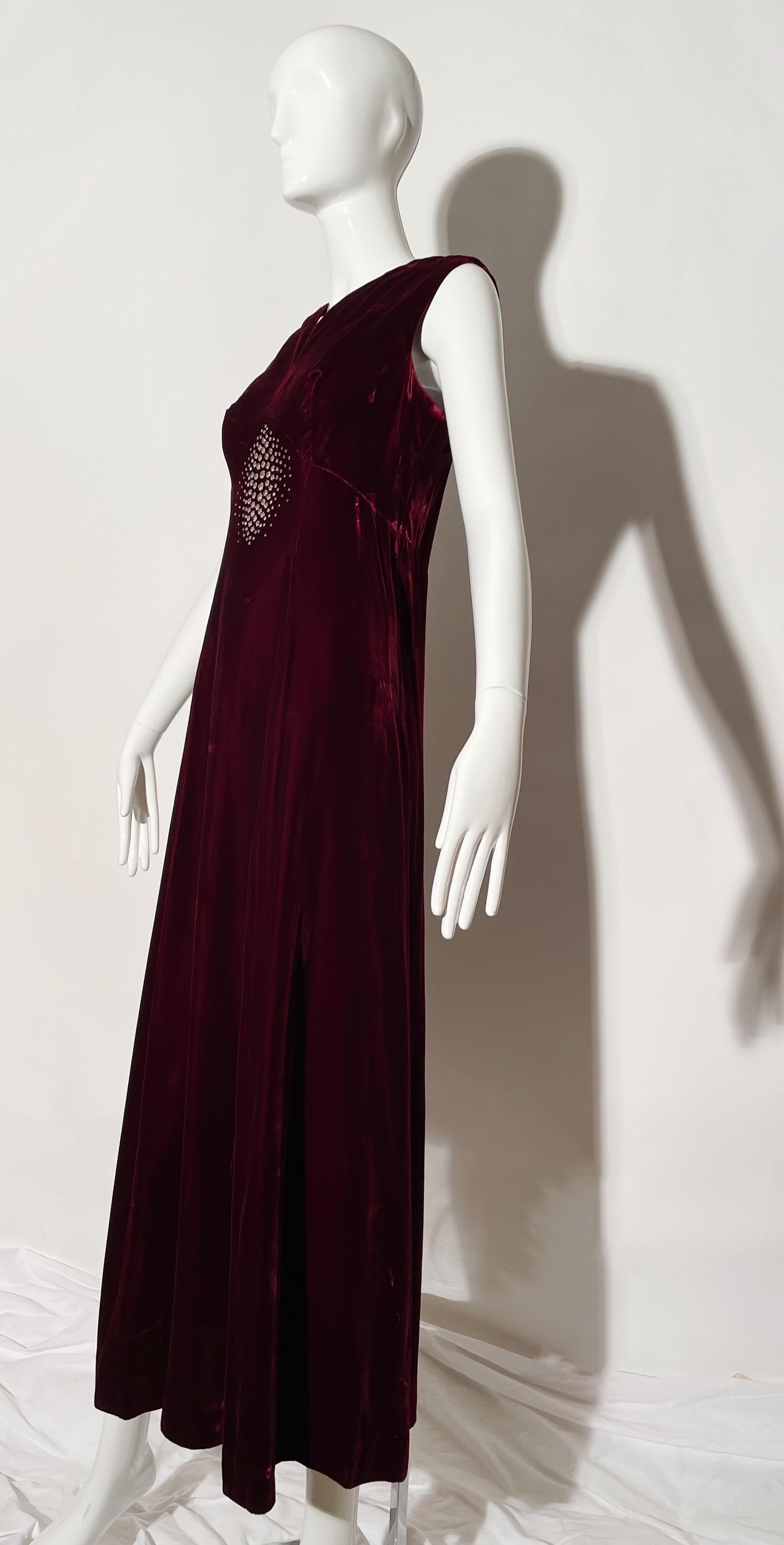 Women's 1930s Burgundy Velvet and Rhinestone Gown For Sale
