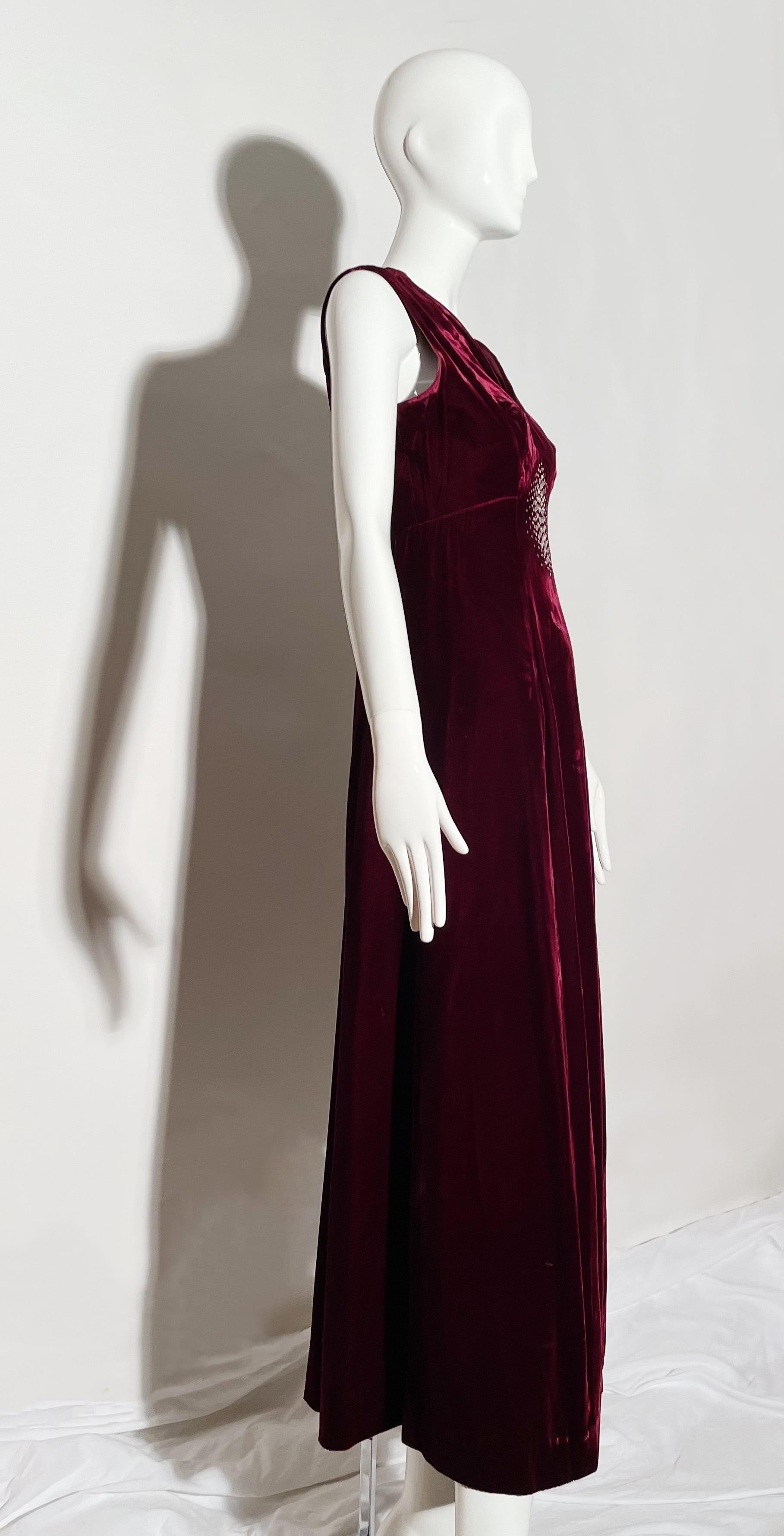 1930s Burgundy Velvet and Rhinestone Gown For Sale 1