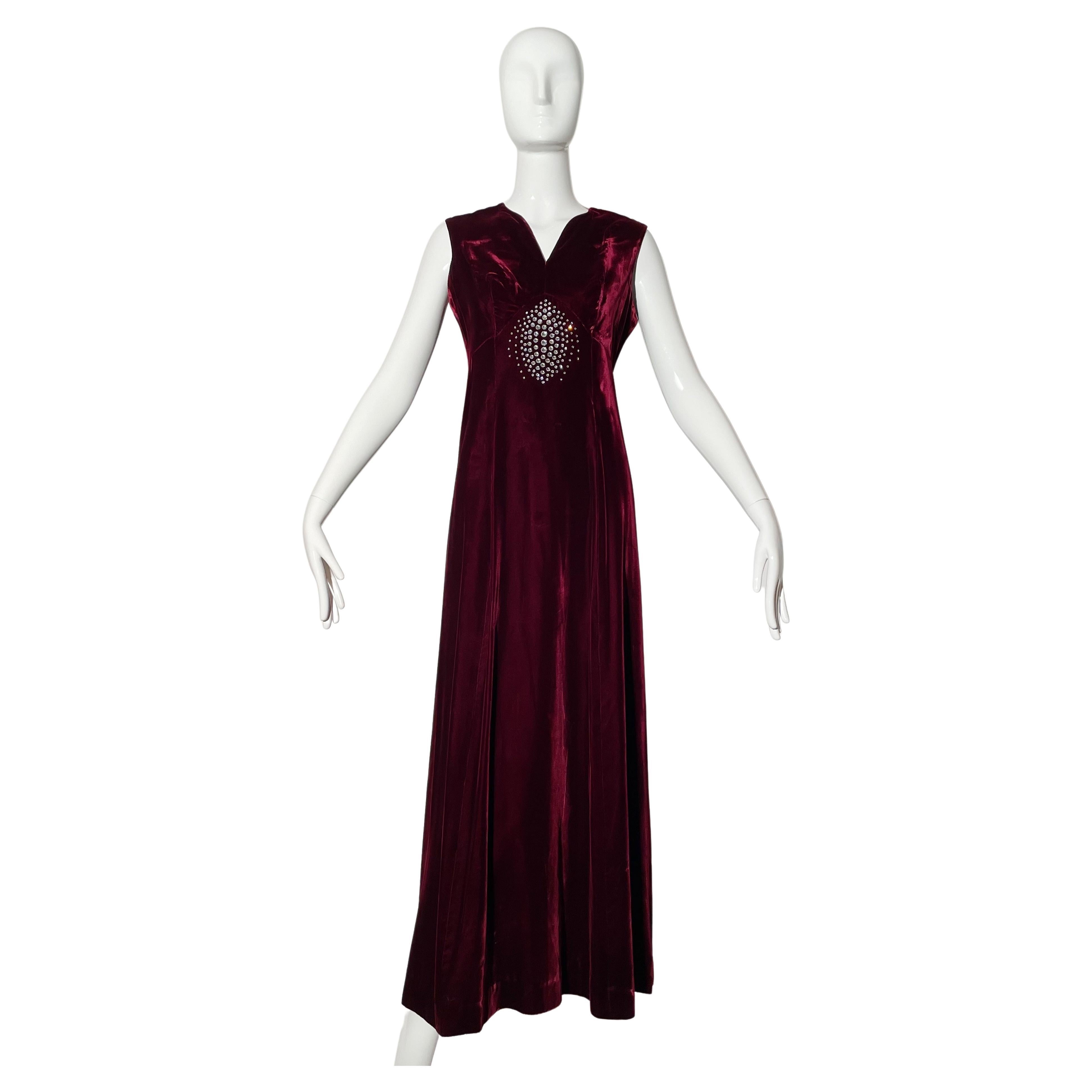 1930s Burgundy Velvet and Rhinestone Gown For Sale