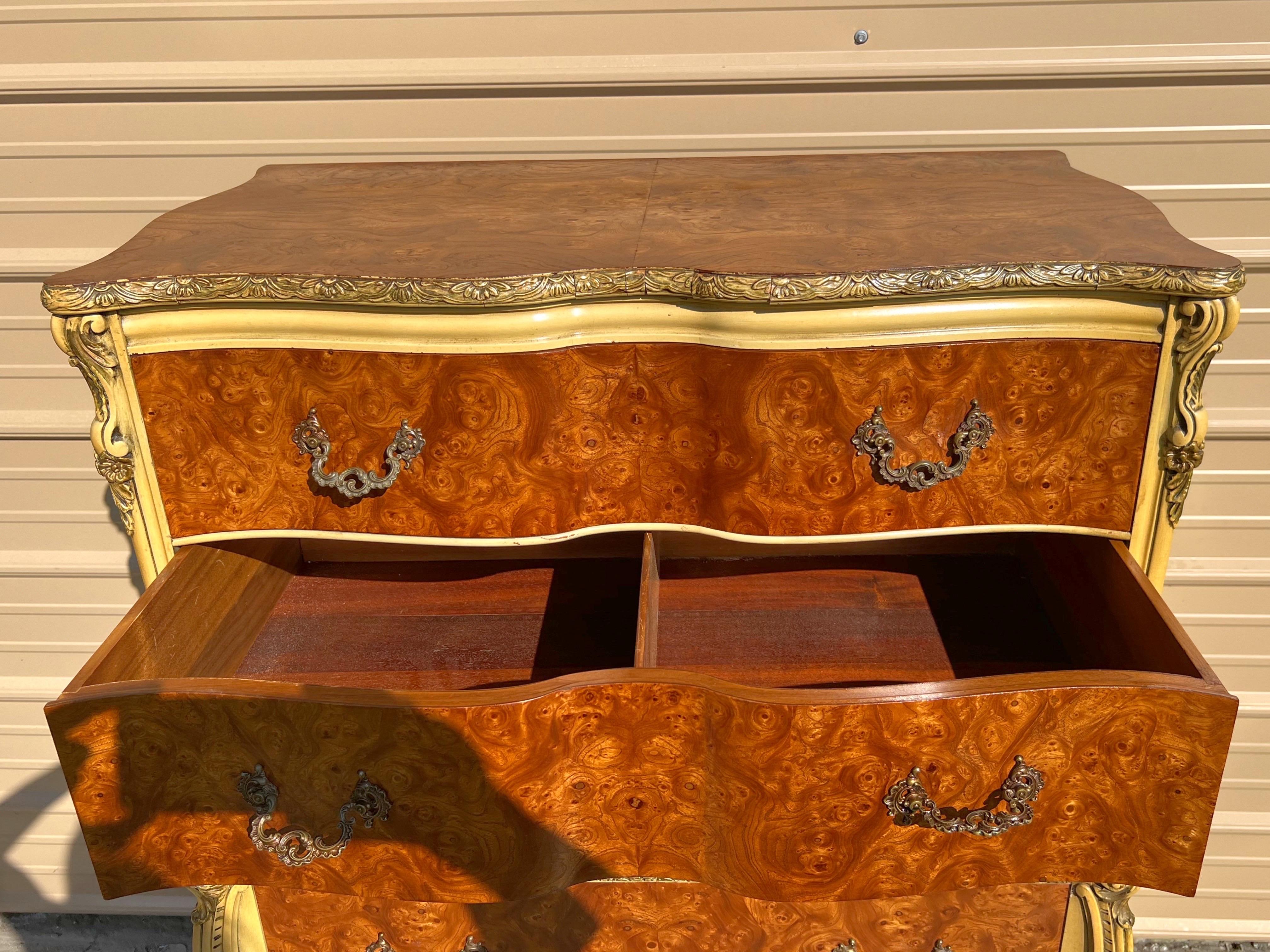 1930’s Burled Romweber French Rococo Louis XV Style Five Drawer Highboy Dresser For Sale 5