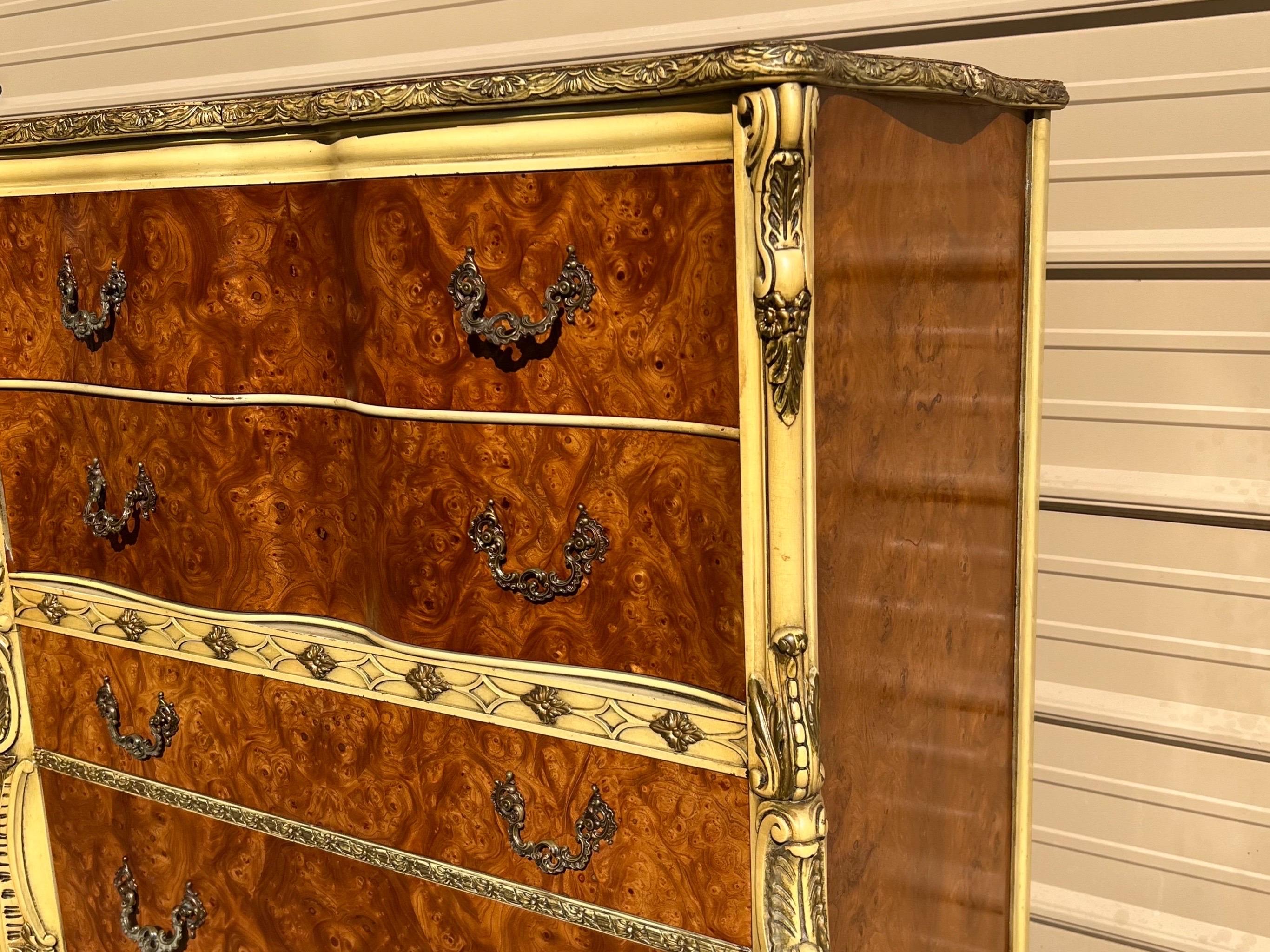 Louis XVI 1930’s Burled Romweber French Rococo Louis XV Style Five Drawer Highboy Dresser For Sale