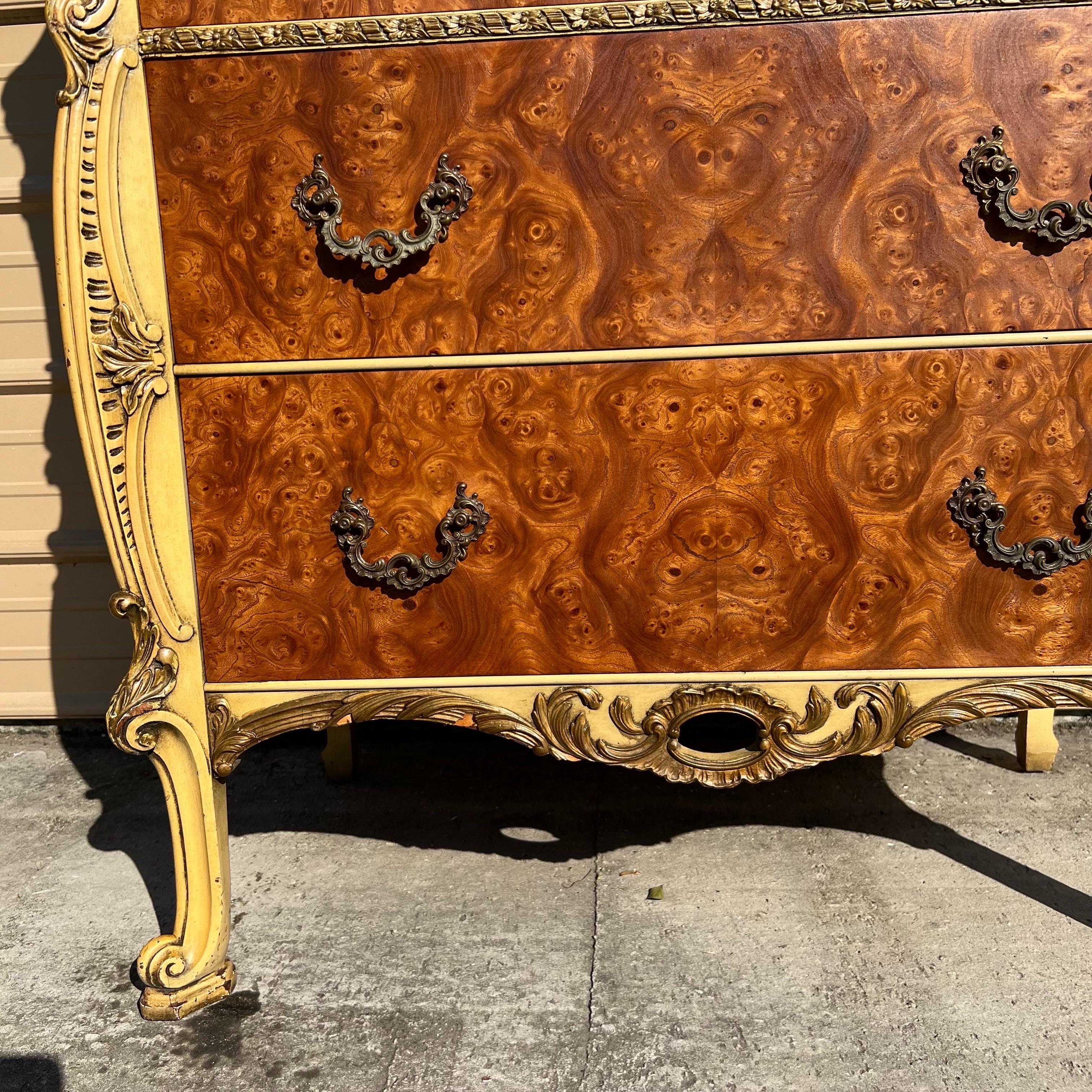 Wood 1930’s Burled Romweber French Rococo Louis XV Style Five Drawer Highboy Dresser For Sale