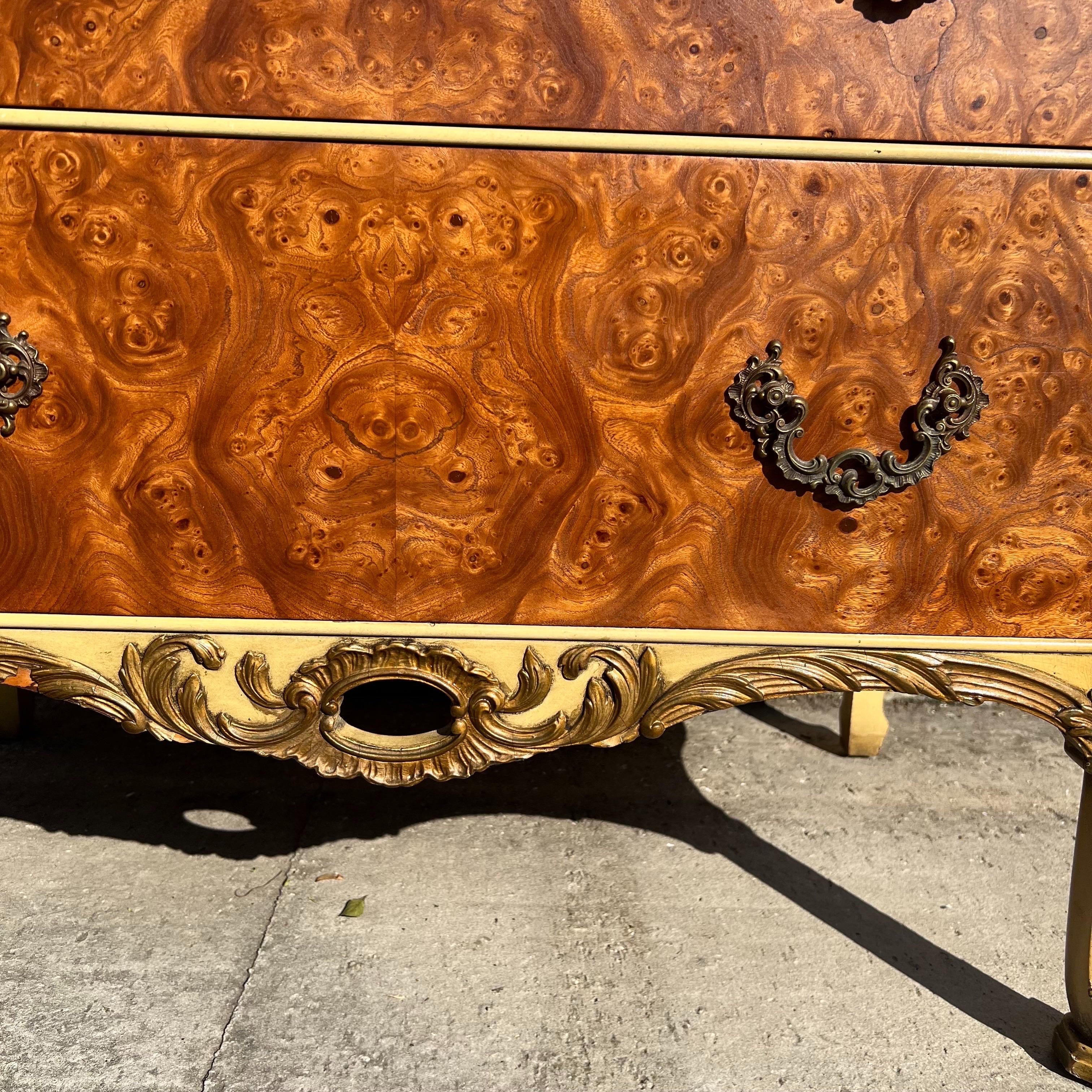 1930’s Burled Romweber French Rococo Louis XV Style Five Drawer Highboy Dresser For Sale 1
