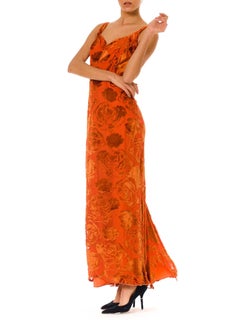 1930S Burnt Orange Floral Silk Burnout Velvet  Gown As-Is For Design Or Theatre