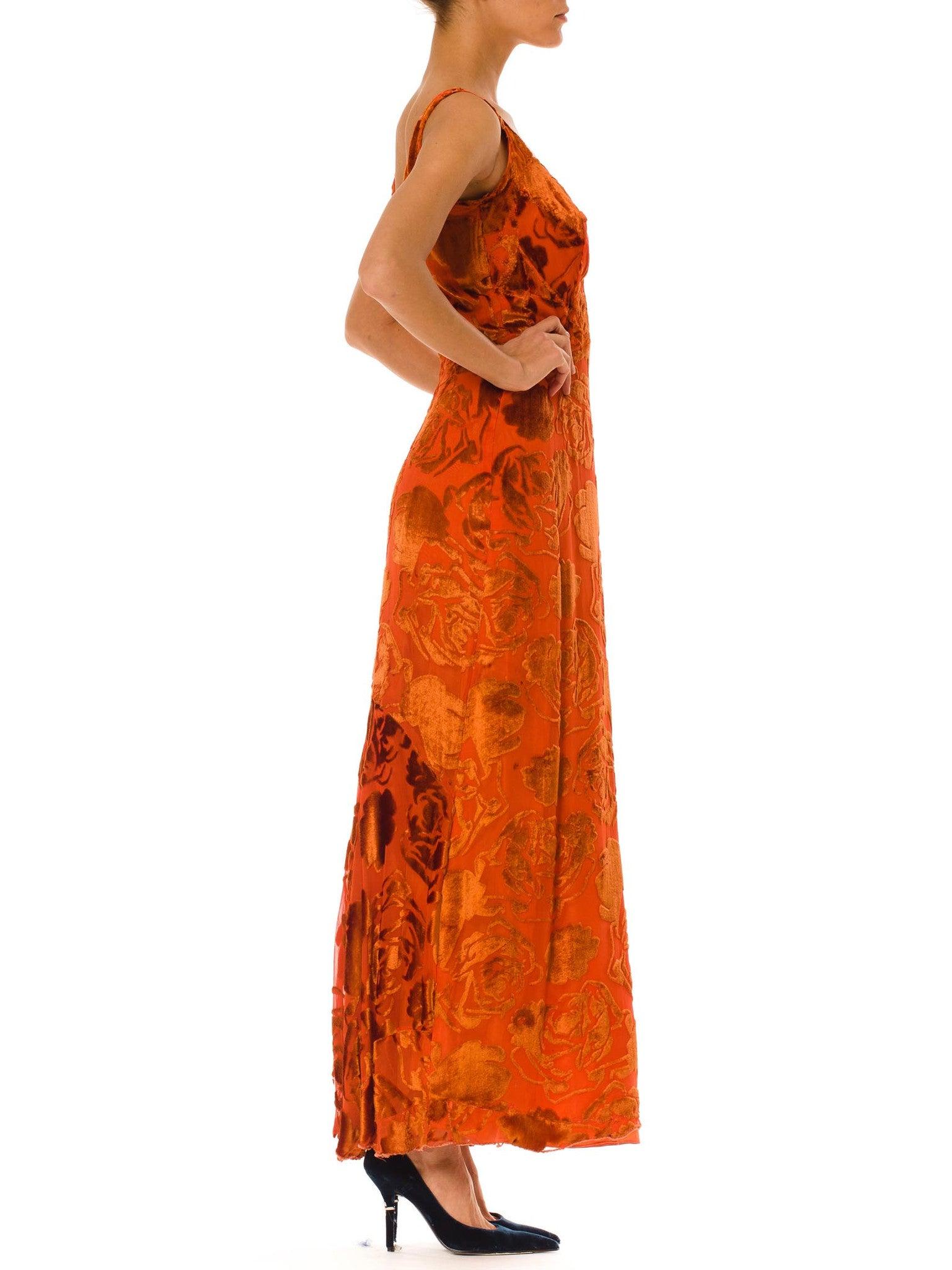 1930S Burnt Orange Floral Silk Burnout Velvet  Gown As-Is For Design Or Theatre In Excellent Condition In New York, NY