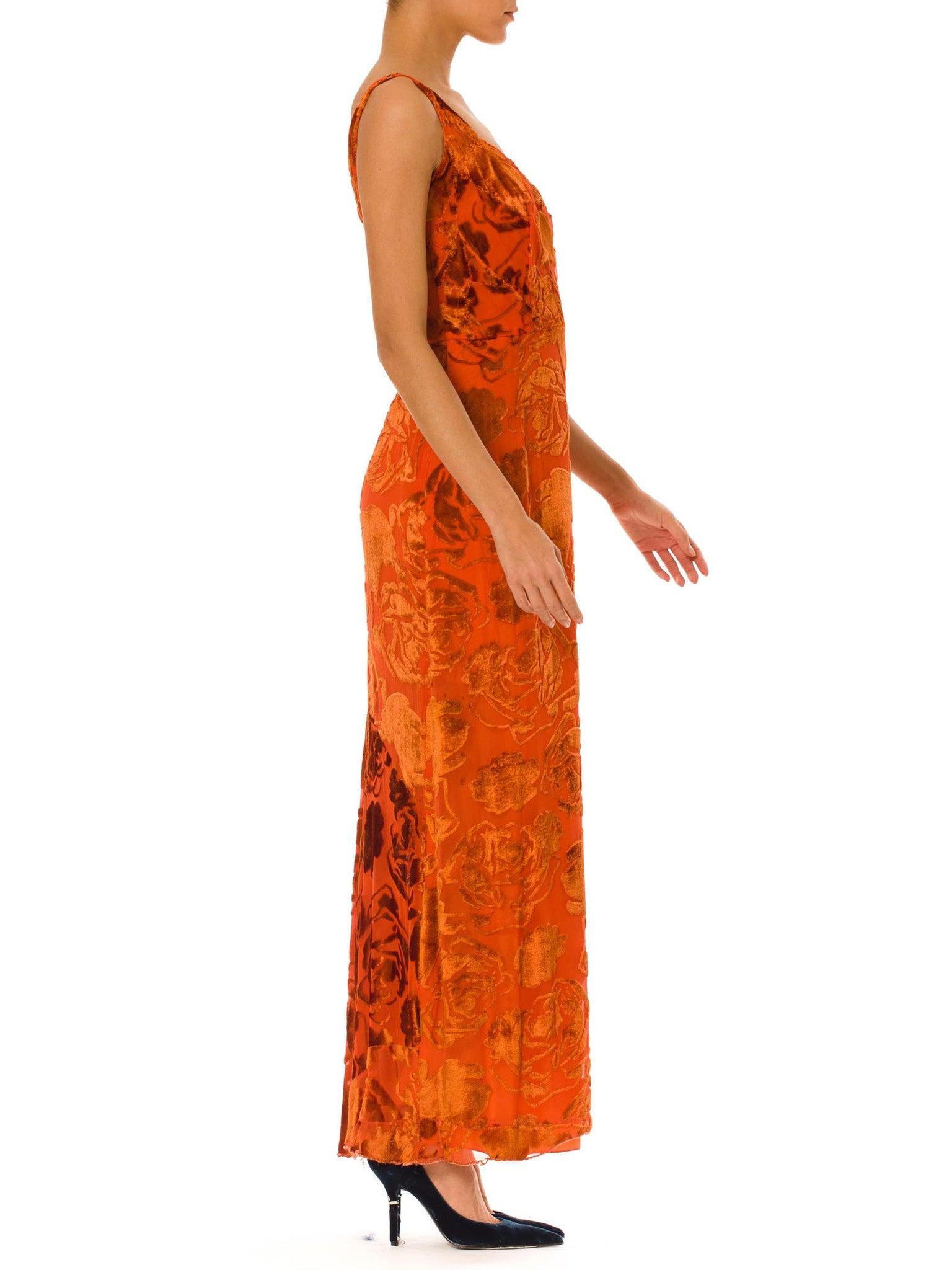 Women's 1930S Burnt Orange Floral Silk Burnout Velvet  Gown As-Is For Design Or Theatre