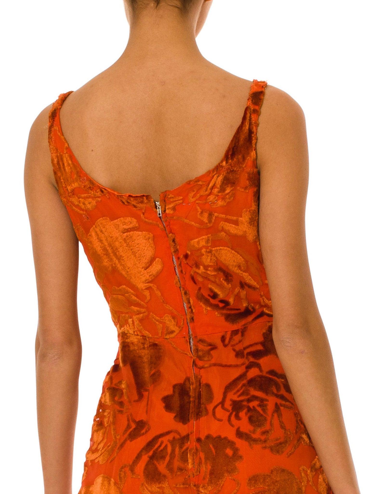 1930S Burnt Orange Floral Silk Burnout Velvet  Gown As-Is For Design Or Theatre 3