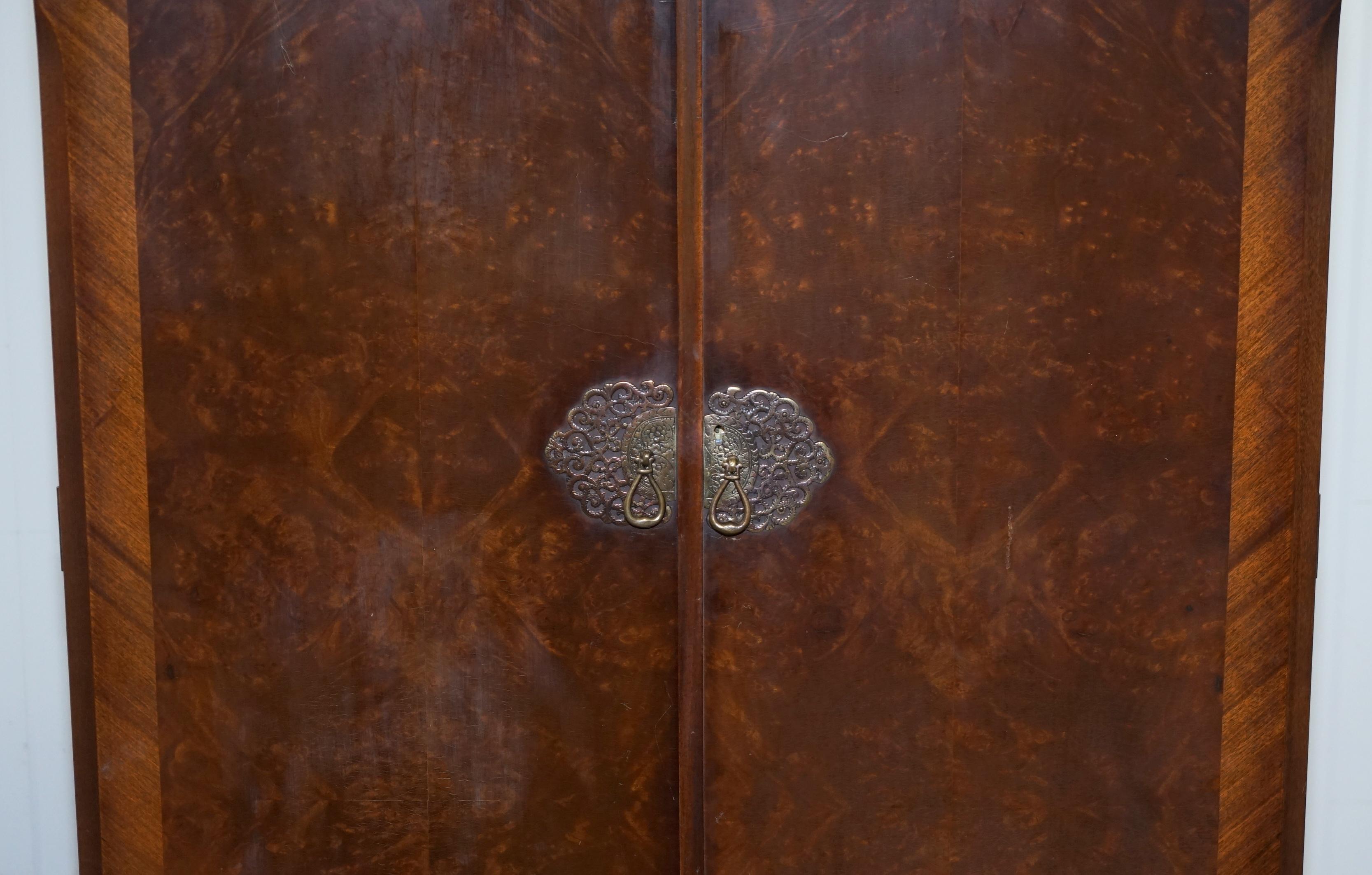 English 1930s Burr Walnut Double Bank Wardrobe and Pigeon Holes One of Two Part of Suite