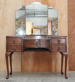 1930's Burr Walnut Maple & Co Dressing Table Trifold Mirrors Part of Large Suite