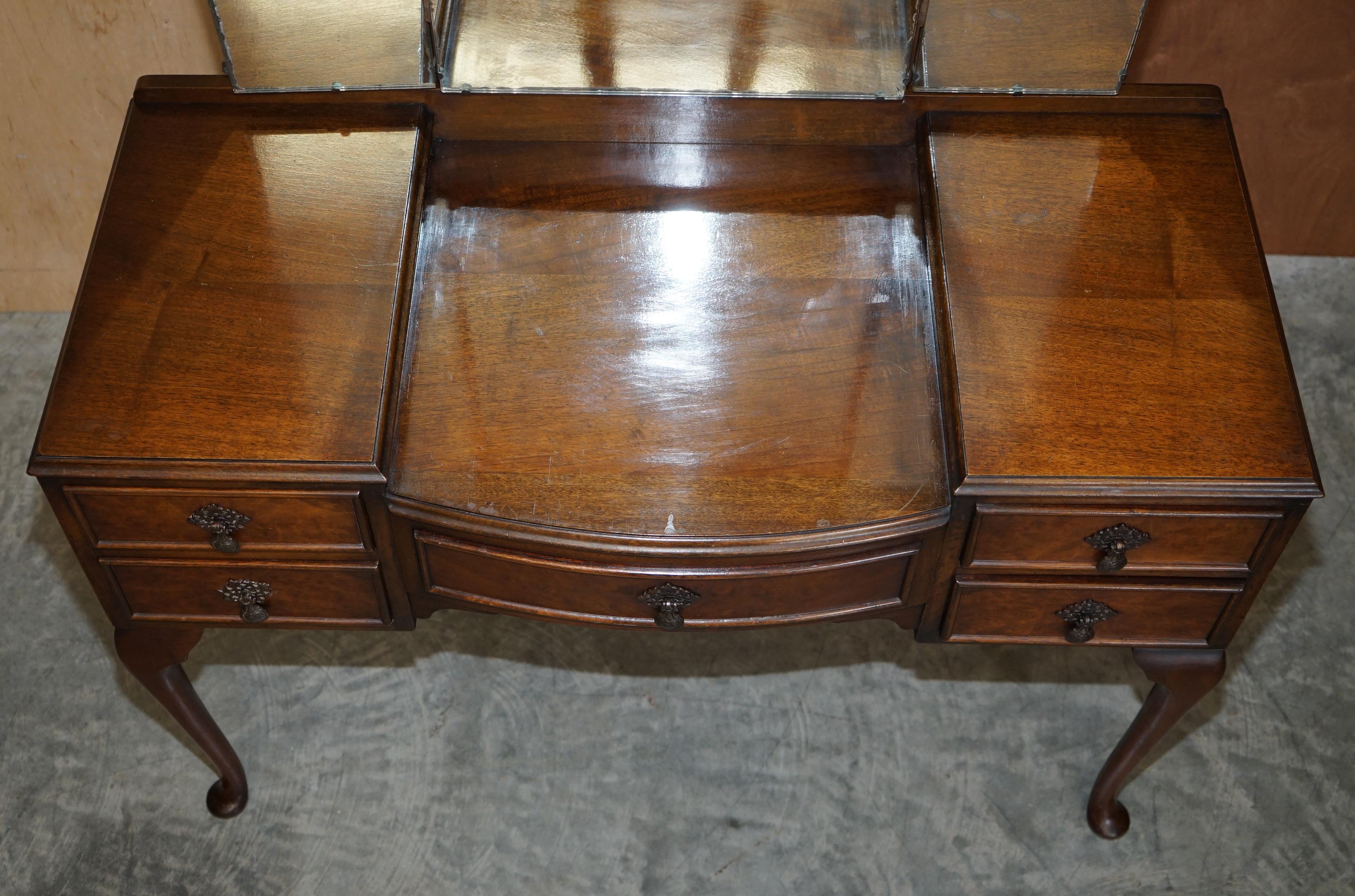 Art Deco 1930's Burr Walnut Maple & Co Dressing Table Trifold Mirrors Part of Large Suite