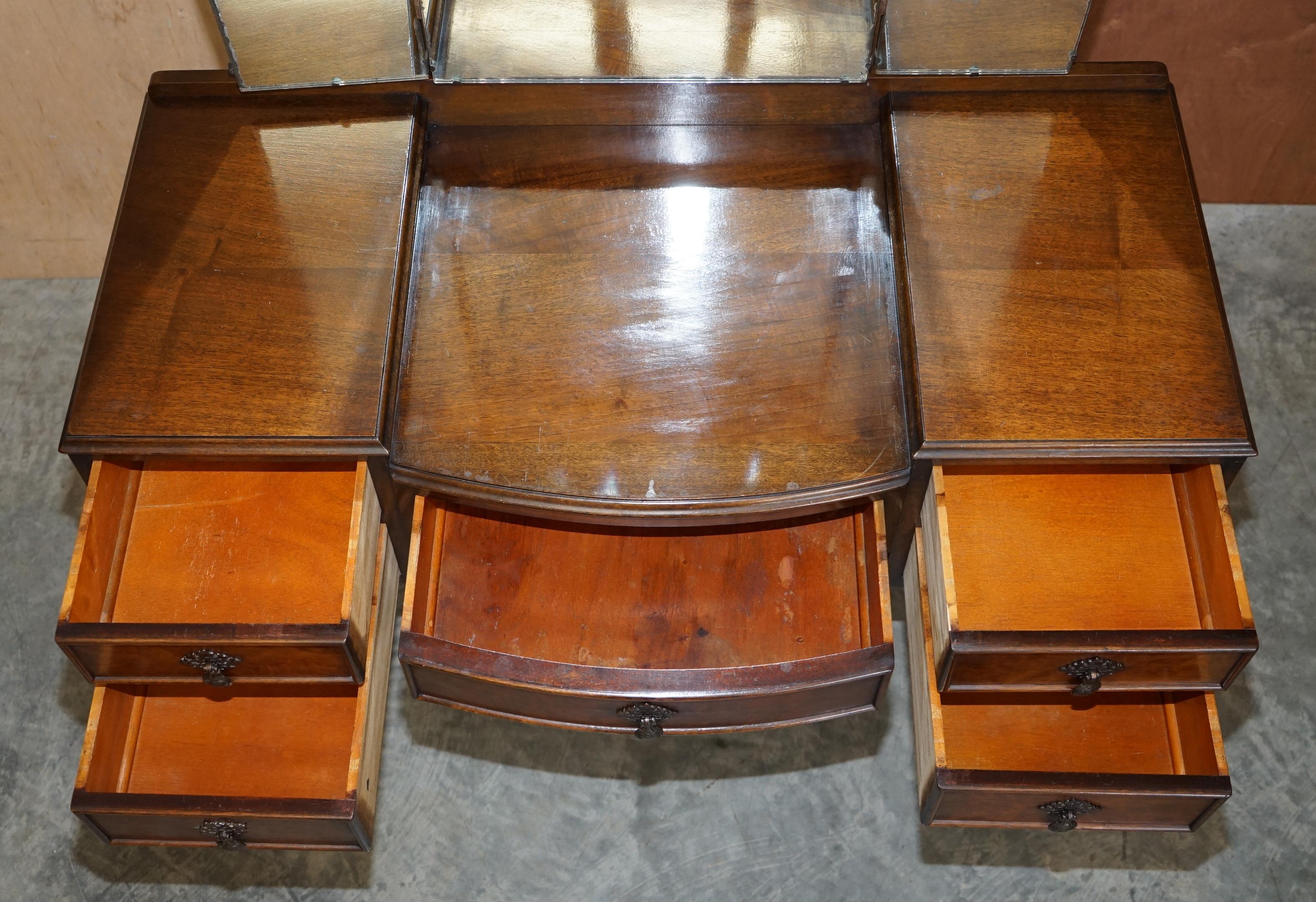 English 1930's Burr Walnut Maple & Co Dressing Table Trifold Mirrors Part of Large Suite