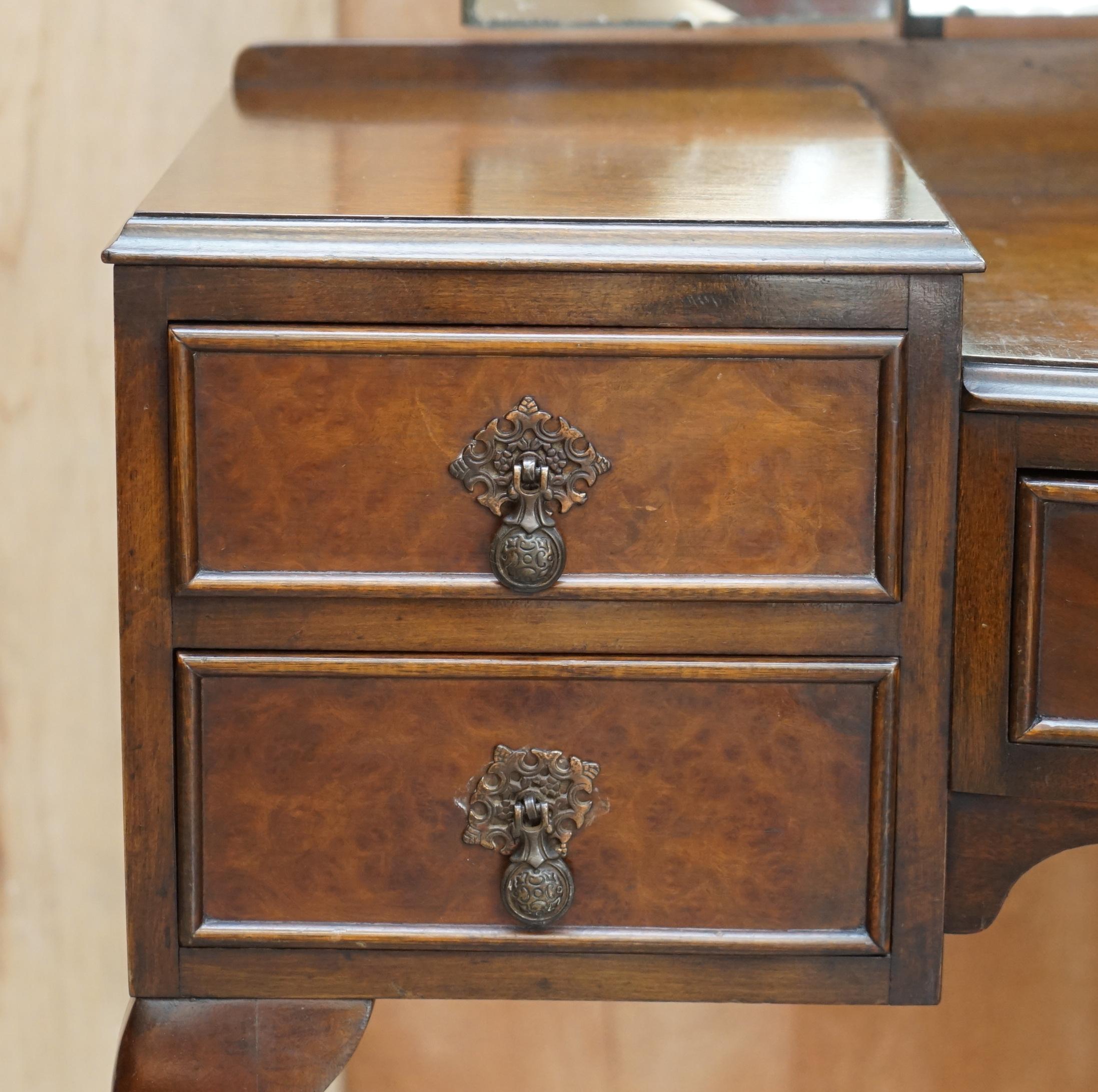 Hand-Crafted 1930's Burr Walnut Maple & Co Dressing Table Trifold Mirrors Part of Large Suite
